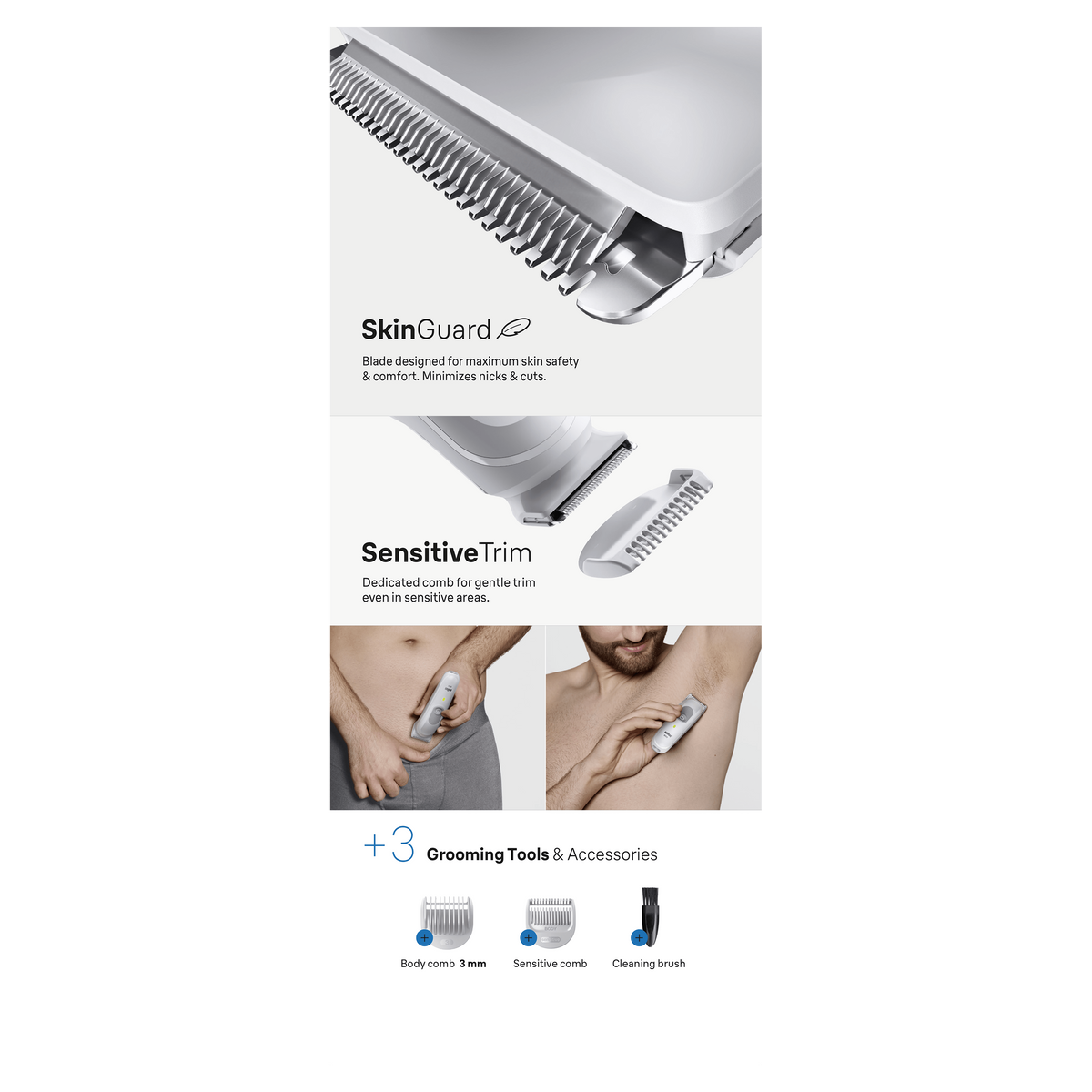Grooming-Tools-Set. Details von Skin Guard, Sensitive Trim und drei Zubehörteilen.