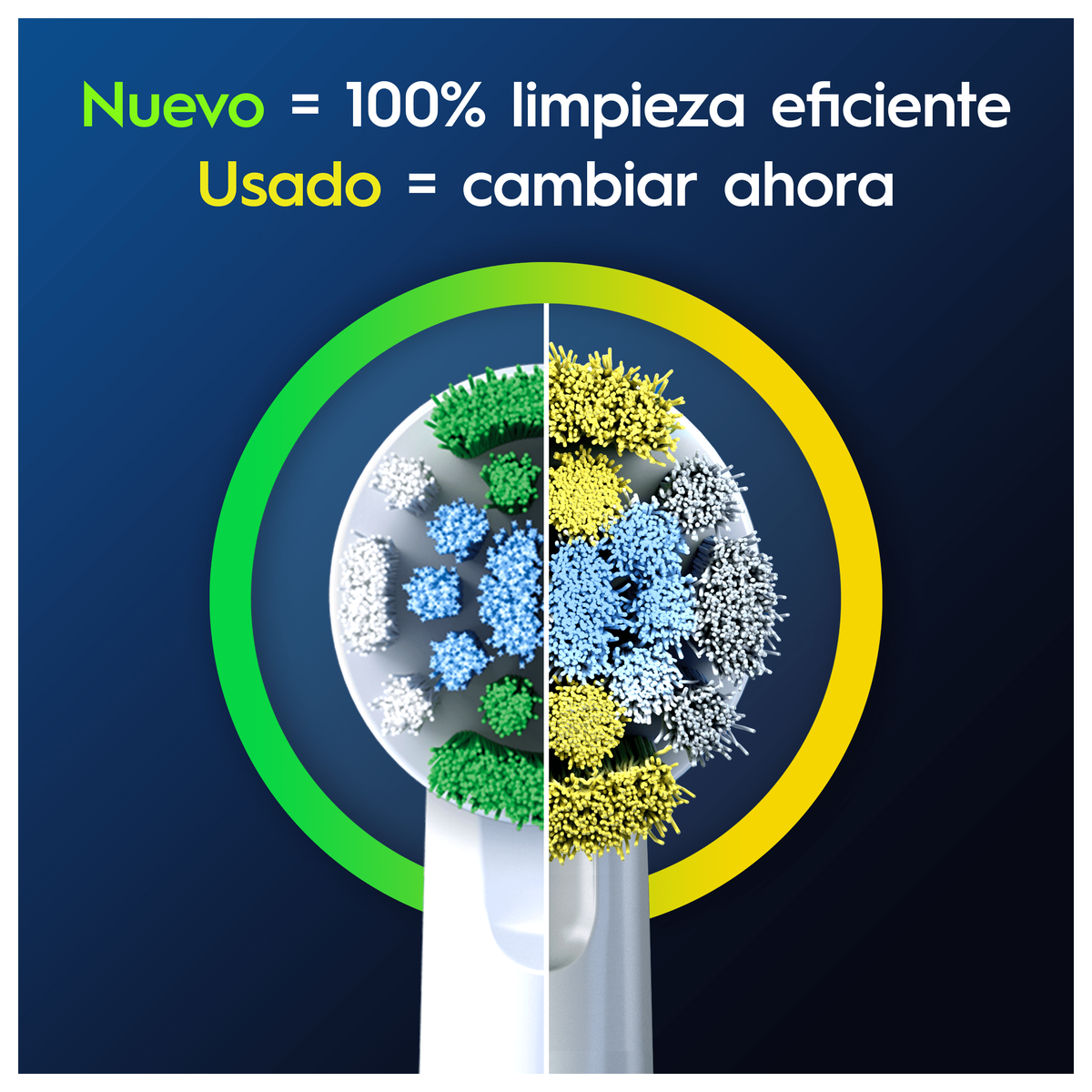 Testina dello spazzolino, metà nuova, metà usata. Il testo indica che nuova è pulita al 100%.