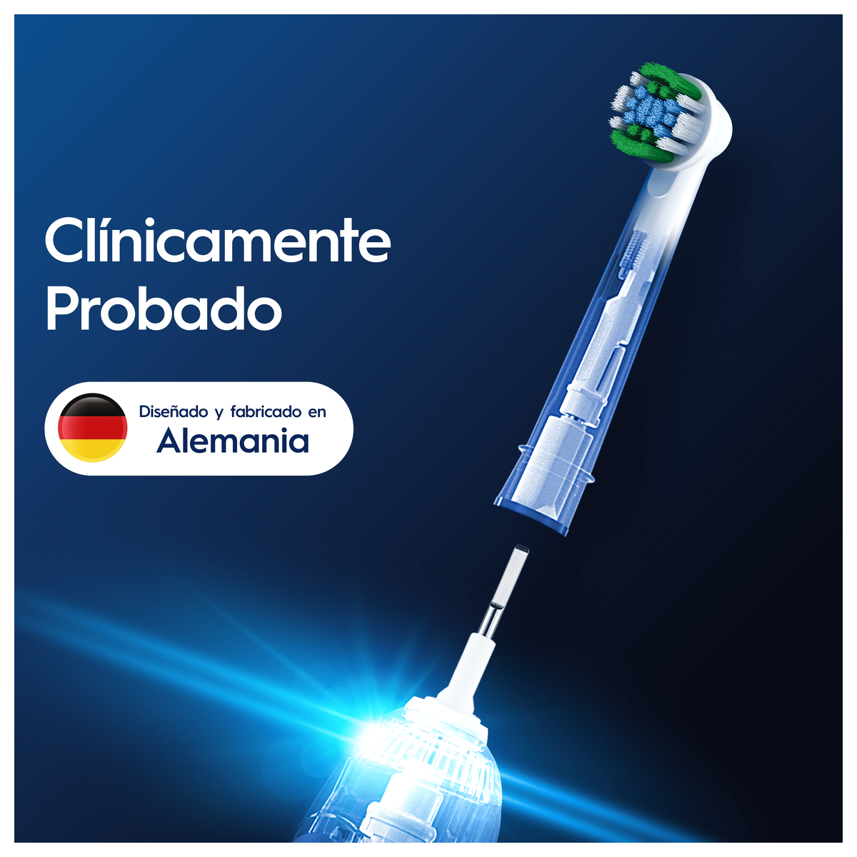 Testina per spazzolino Oral-B con luce blu e testo Clinicamente Provato.