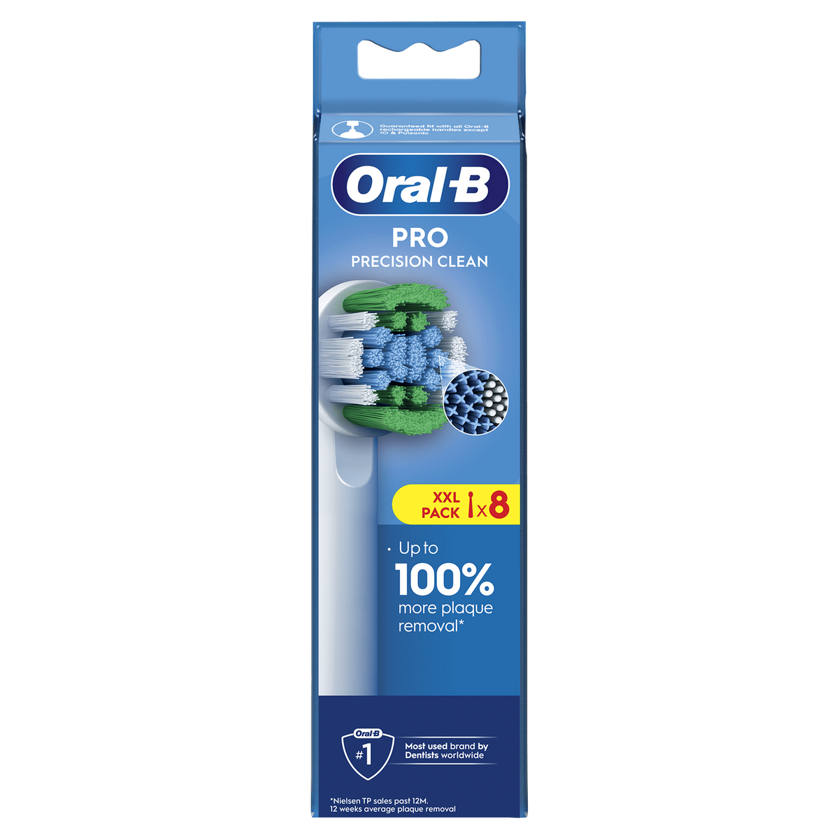 Confezione testine spazzolino Oral-B Pro, con focus sulla rimozione della placca.