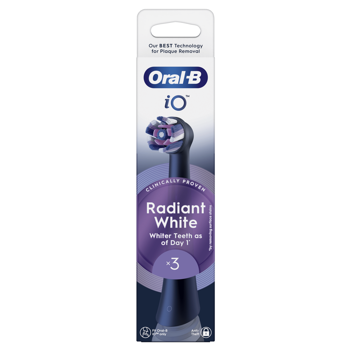 Opakowanie głowicy szczoteczki do zębów. Pokazuje białą główkę szczoteczki z fioletowym i różowym włosiem.