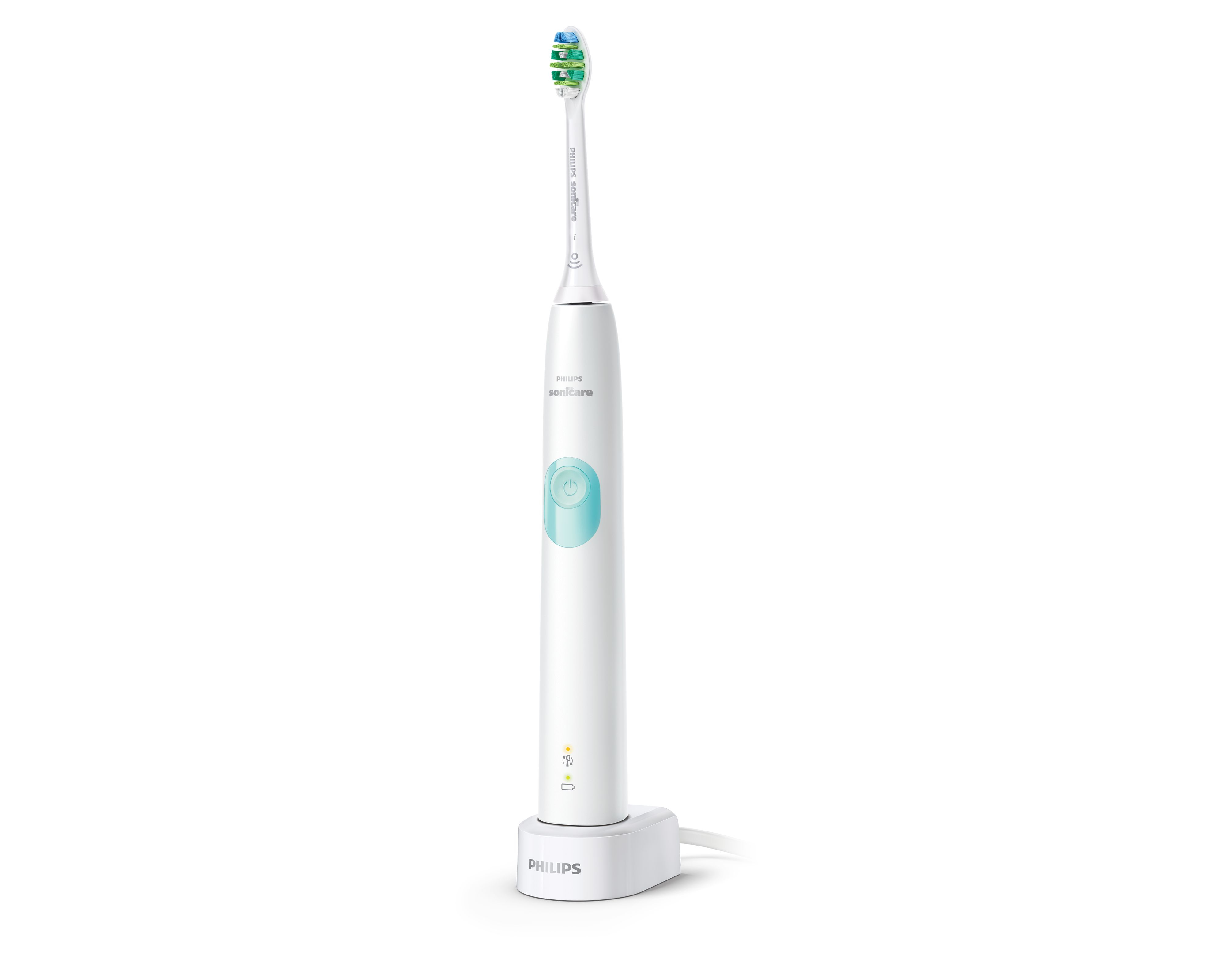 Uno spazzolino elettrico bianco, con base di ricarica. La testina ha setole verdi e blu.