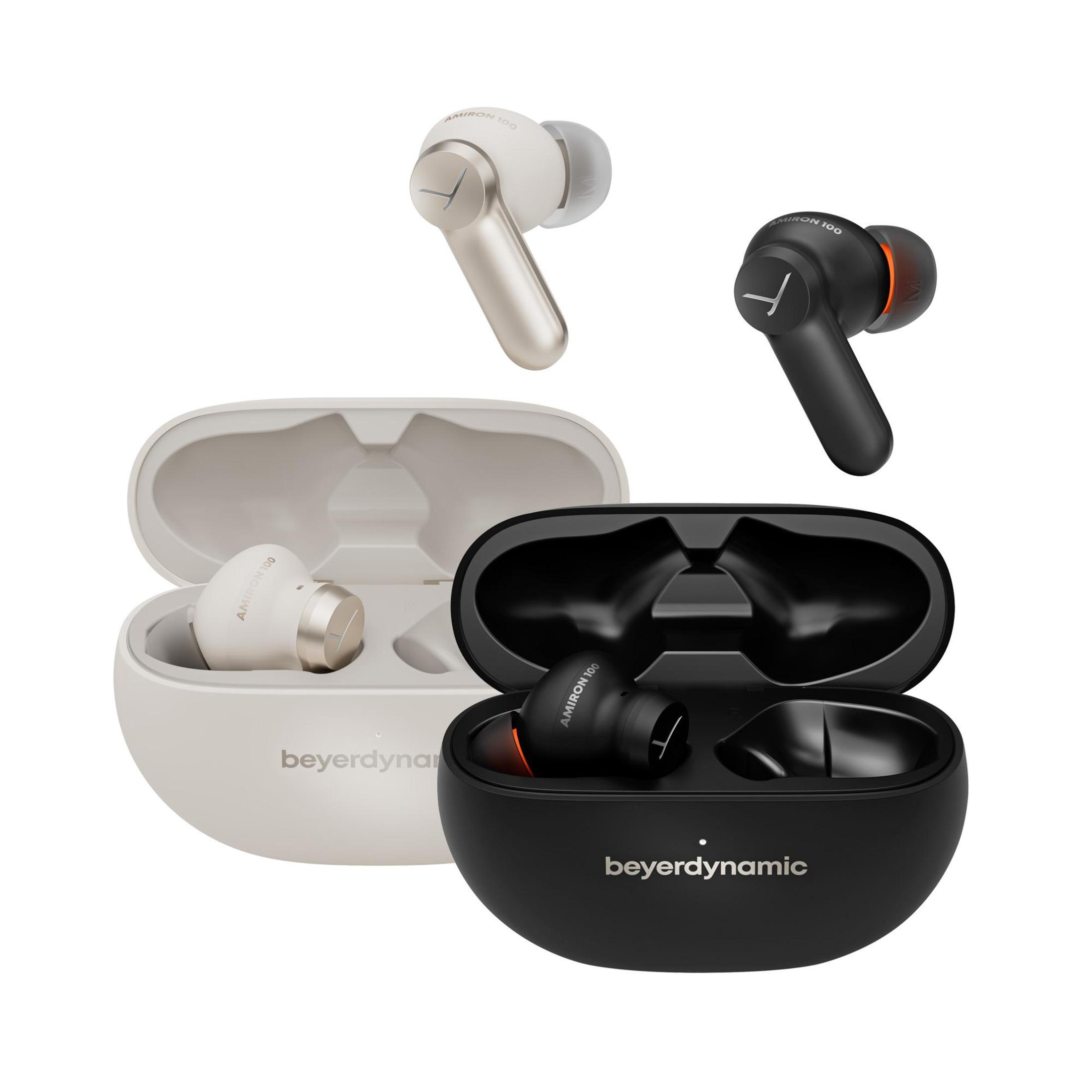 Zwei Sets kabelloser Beyerdynamic-Ohrhörer, eines weiß und gold, das andere schwarz und orange.