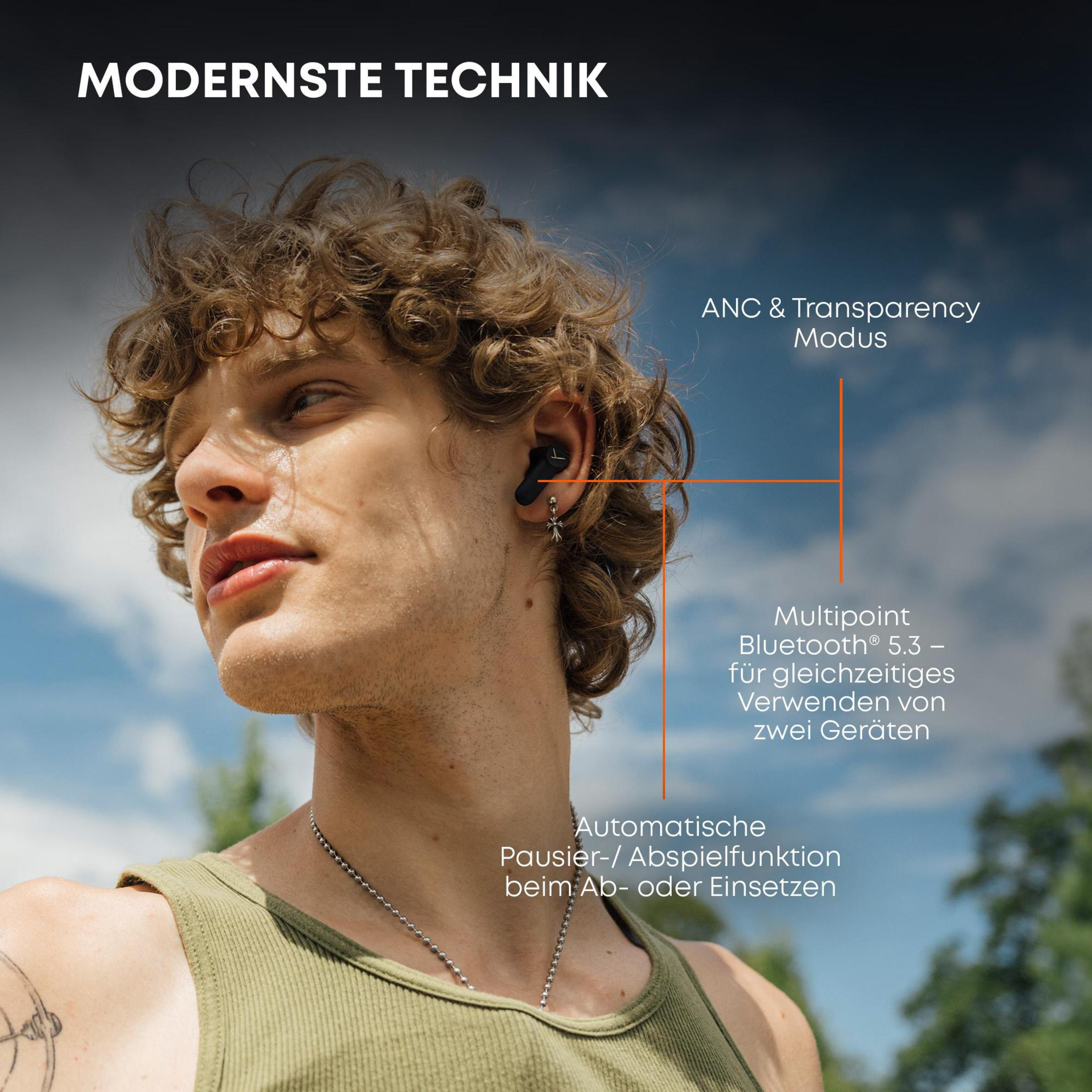 Ein Mann mit Ohrhörern, mit Texten über ANC & Multipoint Bluetooth-Funktionen.