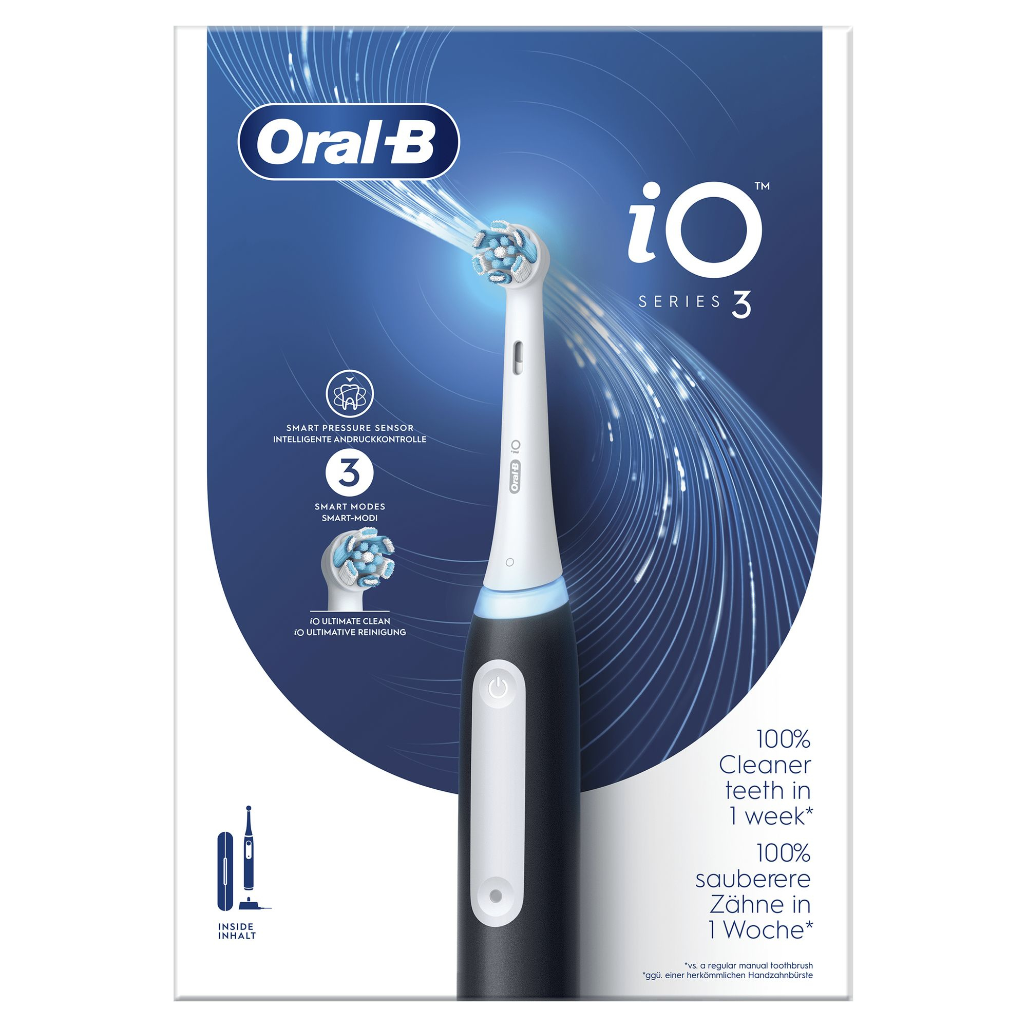 Oral-B io Series 3 tandenborstel. Zwart-wit ontwerp, met blauw licht. Verpakking toont functies.