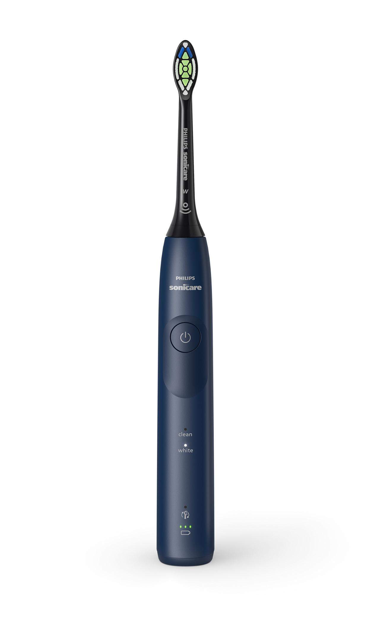 Un cepillo de dientes eléctrico Philips Sonicare azul marino, con fondo blanco.