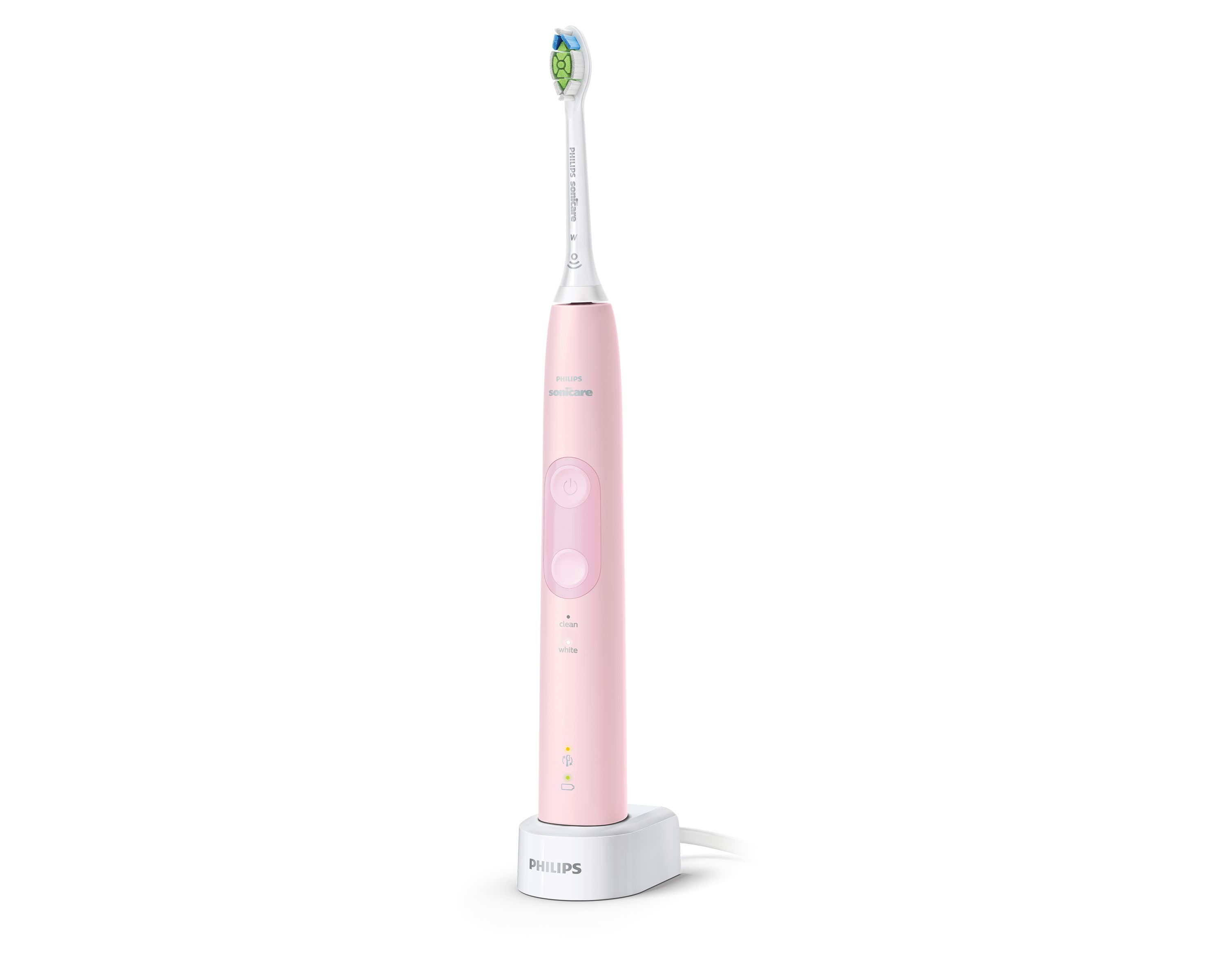 Cepillo de dientes eléctrico Philips Sonicare rosa sobre una base de carga blanca.