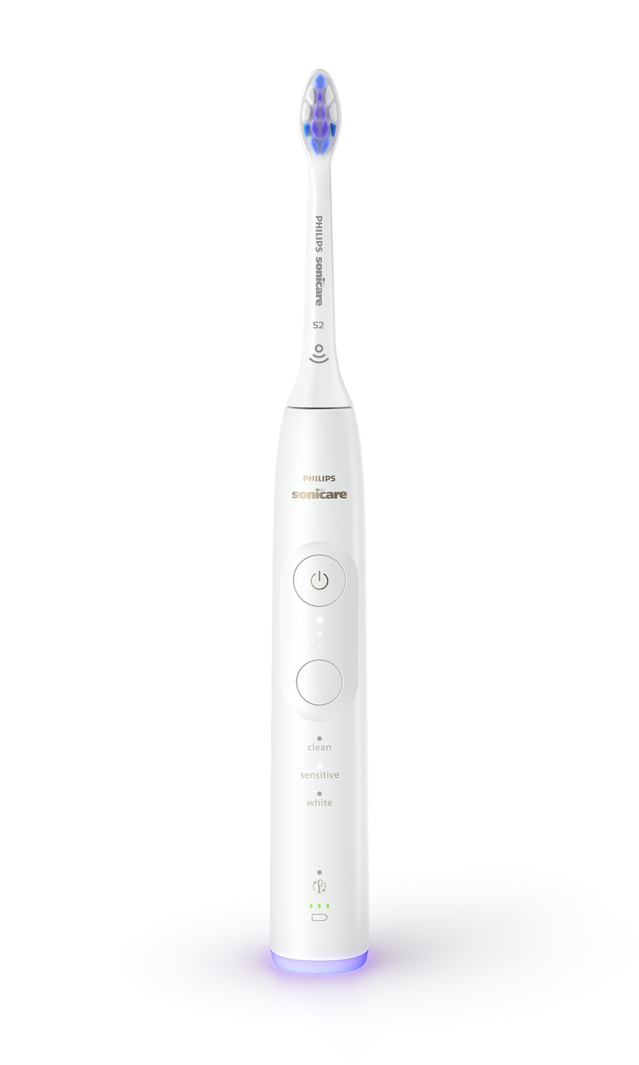 Biała szczoteczka do zębów Philips Sonicare. Ma niebiesko-białą główkę. Uchwyt ma przyciski.