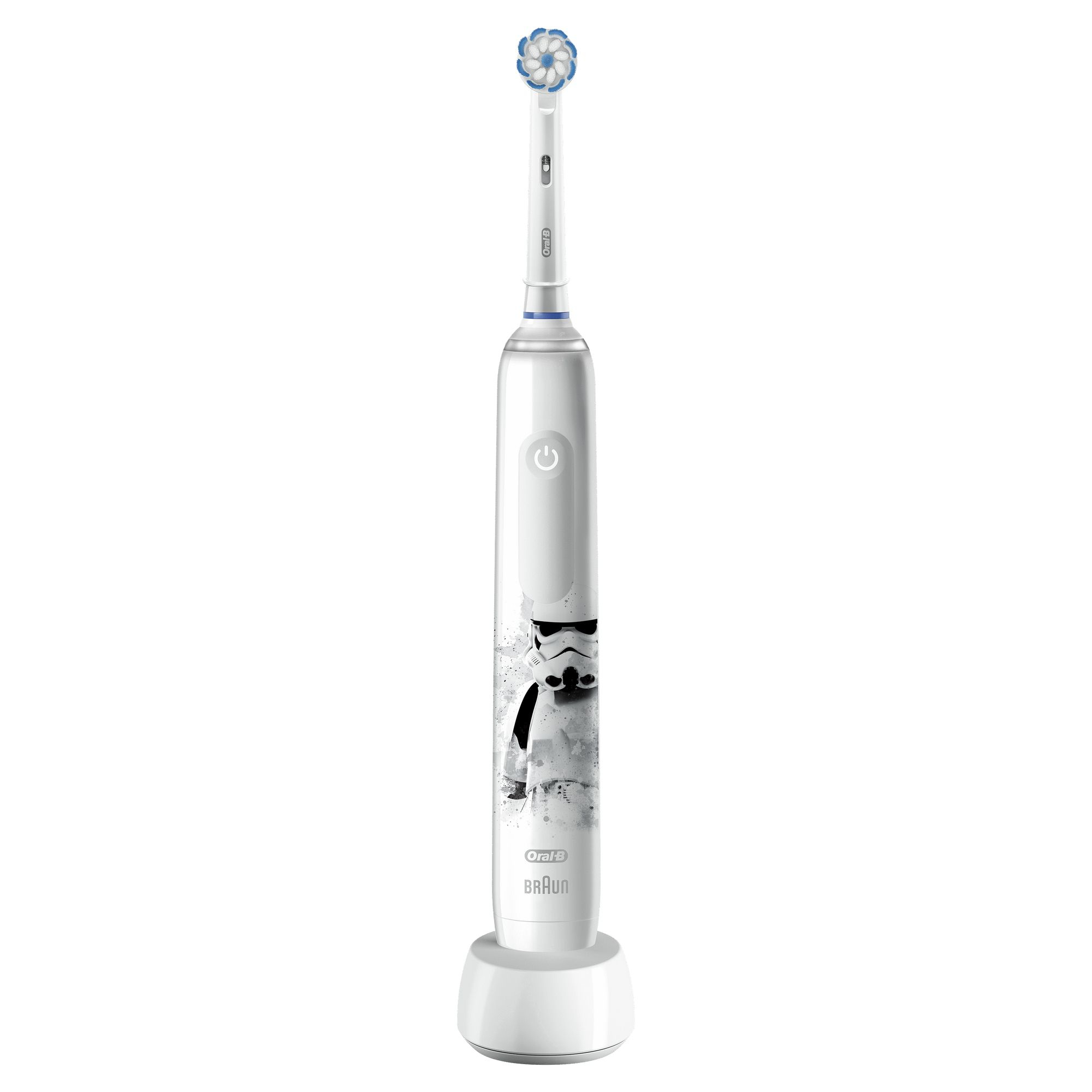 Weiße elektrische Zahnbürste von Oral-B mit Stormtrooper-Design auf dem Griff.