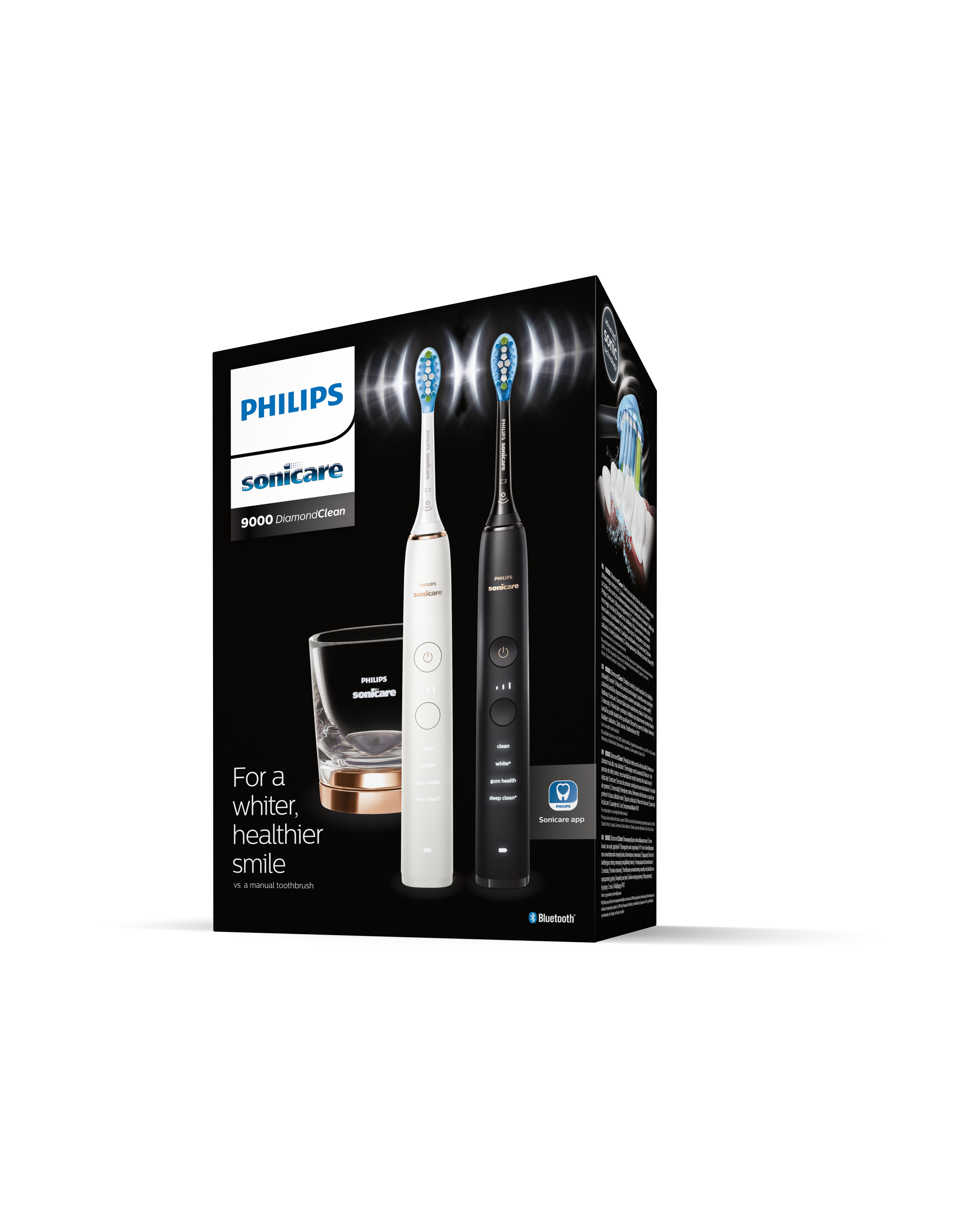Een zwarte en witte elektrische tandenborstel in een doos. De doos heeft tekst: Philips Sonicare, DiamondClean.