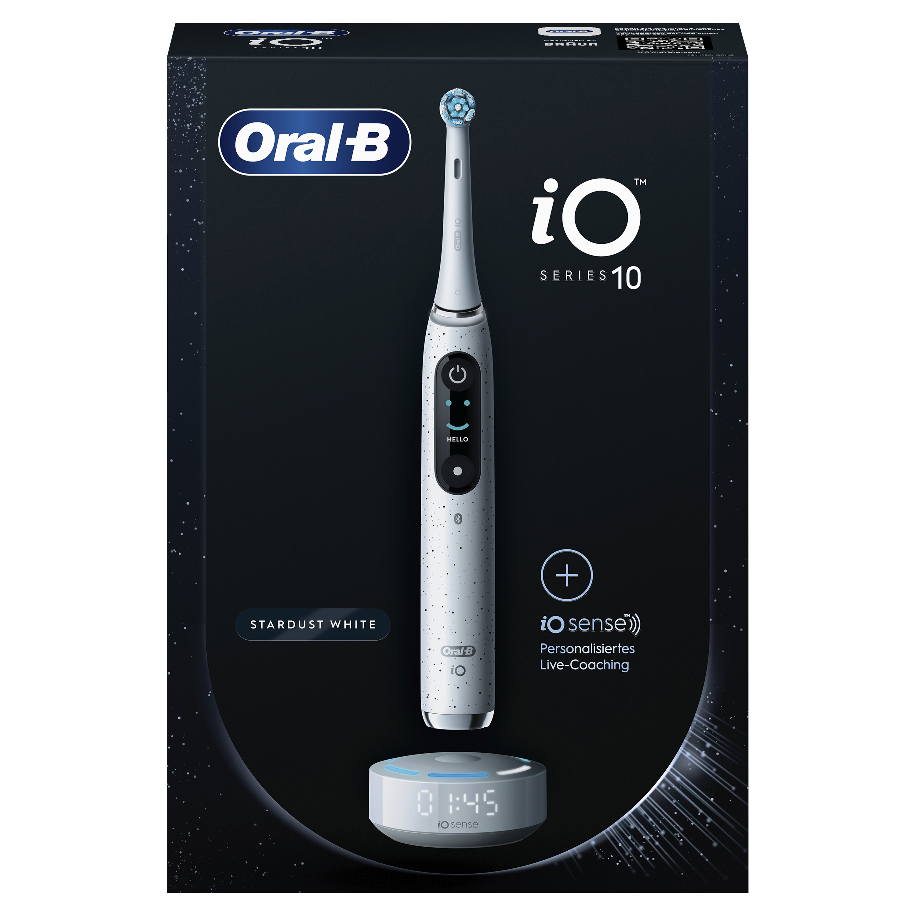 Pudełko szczoteczki elektrycznej Oral-B iO Series 10. Pudełko zawiera szczoteczkę, stację ładującą i logo iO sense.