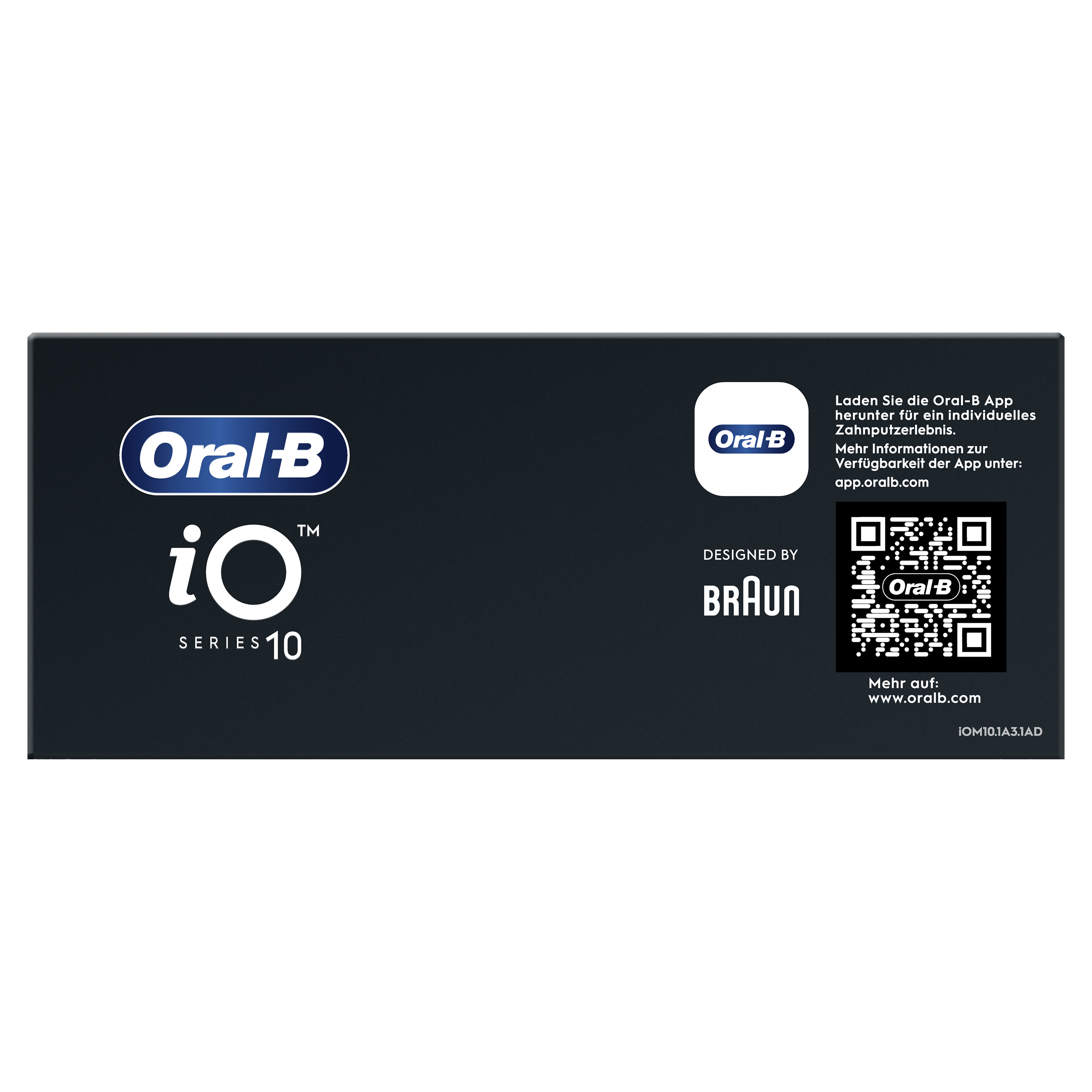 Biało-czarne opakowanie produktu z logo Oral-B iO series 10, logo Braun i kodem QR.