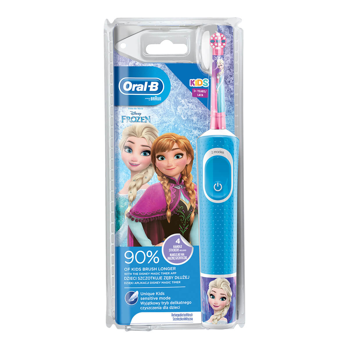Uno spazzolino elettrico Oral-B in confezione con personaggi di Frozen. Ha un manico blu e una testina rosa.