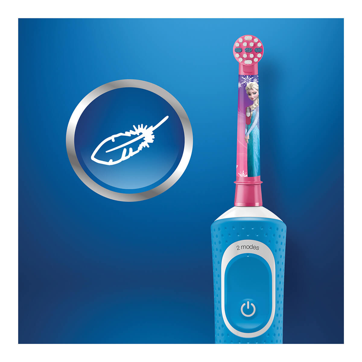 Uno spazzolino elettrico con un design Elsa, su sfondo blu, con un'icona a forma di piuma.