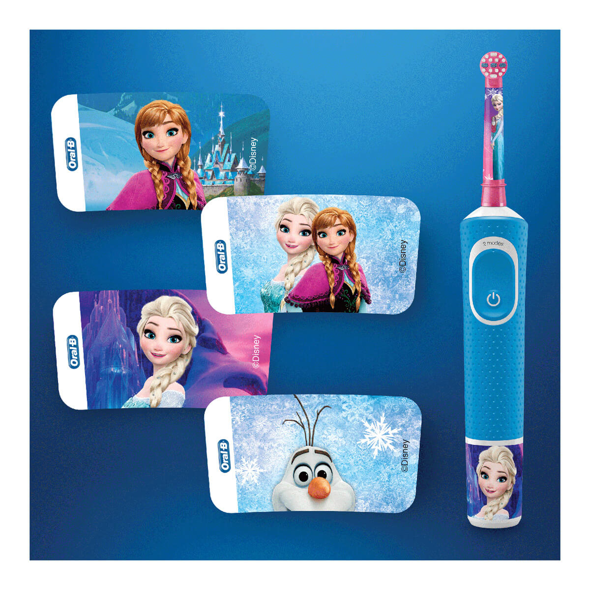 Spazzolino elettrico Oral-B blu e quattro adesivi con i personaggi Disney Frozen su sfondo blu.