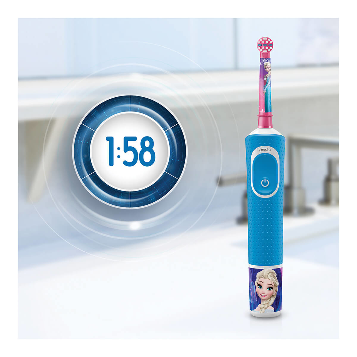 Spazzolino elettrico con manico blu a tema Frozen, con un'immagine di Elsa.