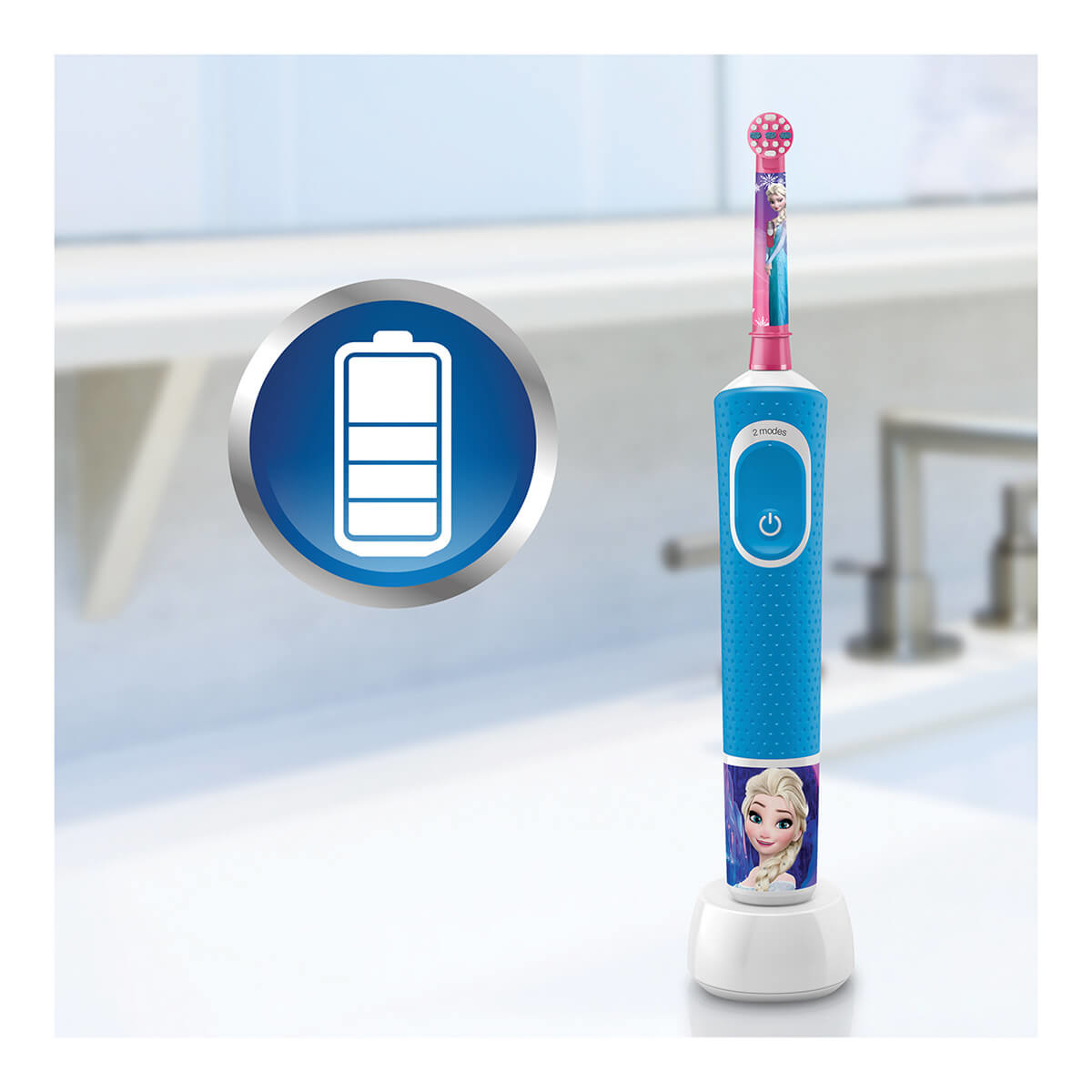 Uno spazzolino elettrico blu con un design Disney Frozen e una base di ricarica.
