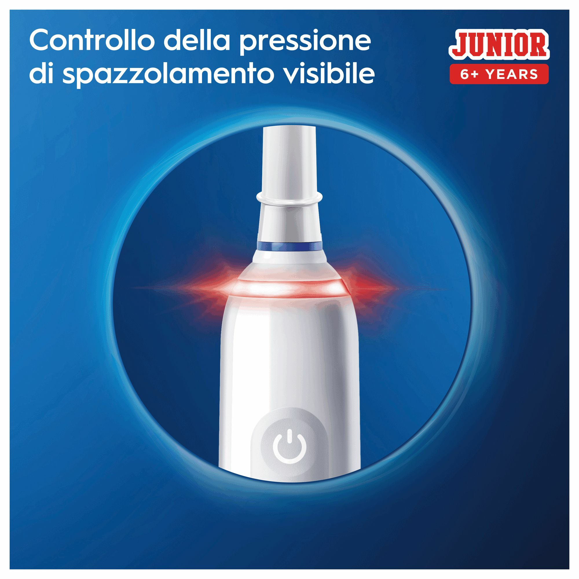 Spazzolino elettrico bianco con bagliore rosso, circondato da un anello blu, testo in alto.