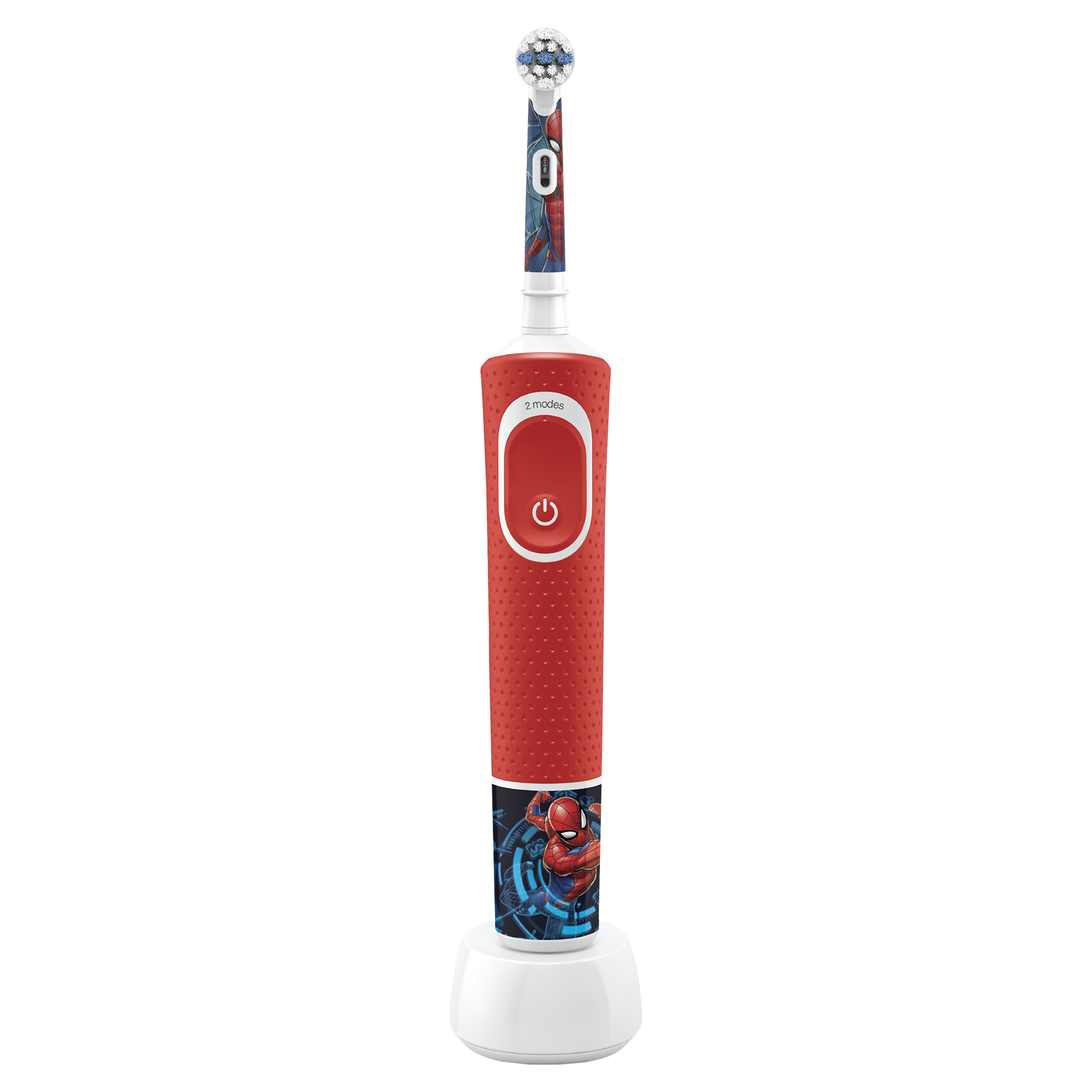 Uno spazzolino elettrico a tema Spider-Man rosso e bianco con una base di ricarica bianca.
