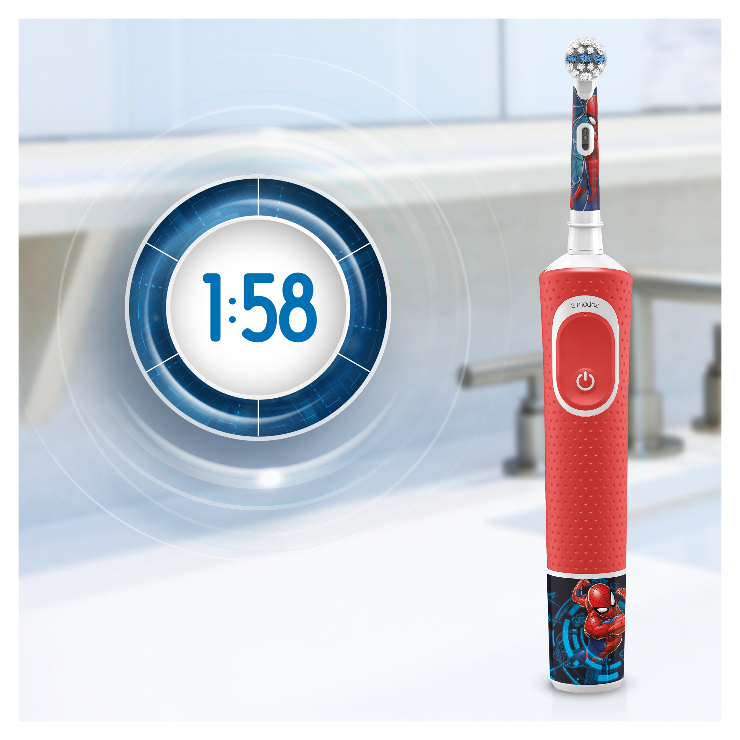 Spazzolino rosso e blu con un design di Spider-Man e un display timer. Sfondo bianco.