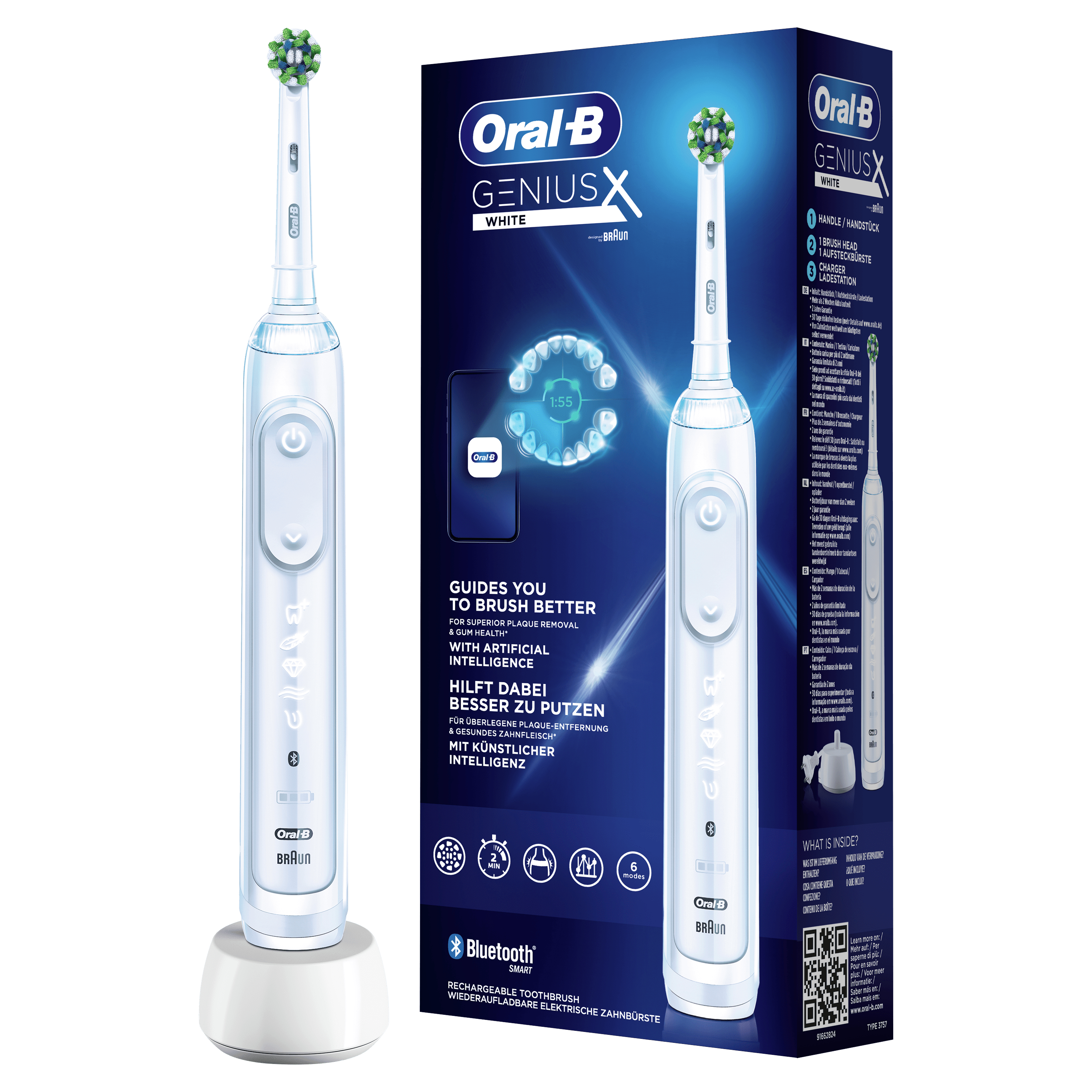 Cepillo de dientes eléctrico con mango blanco, base de carga y caja con el nombre de la marca.