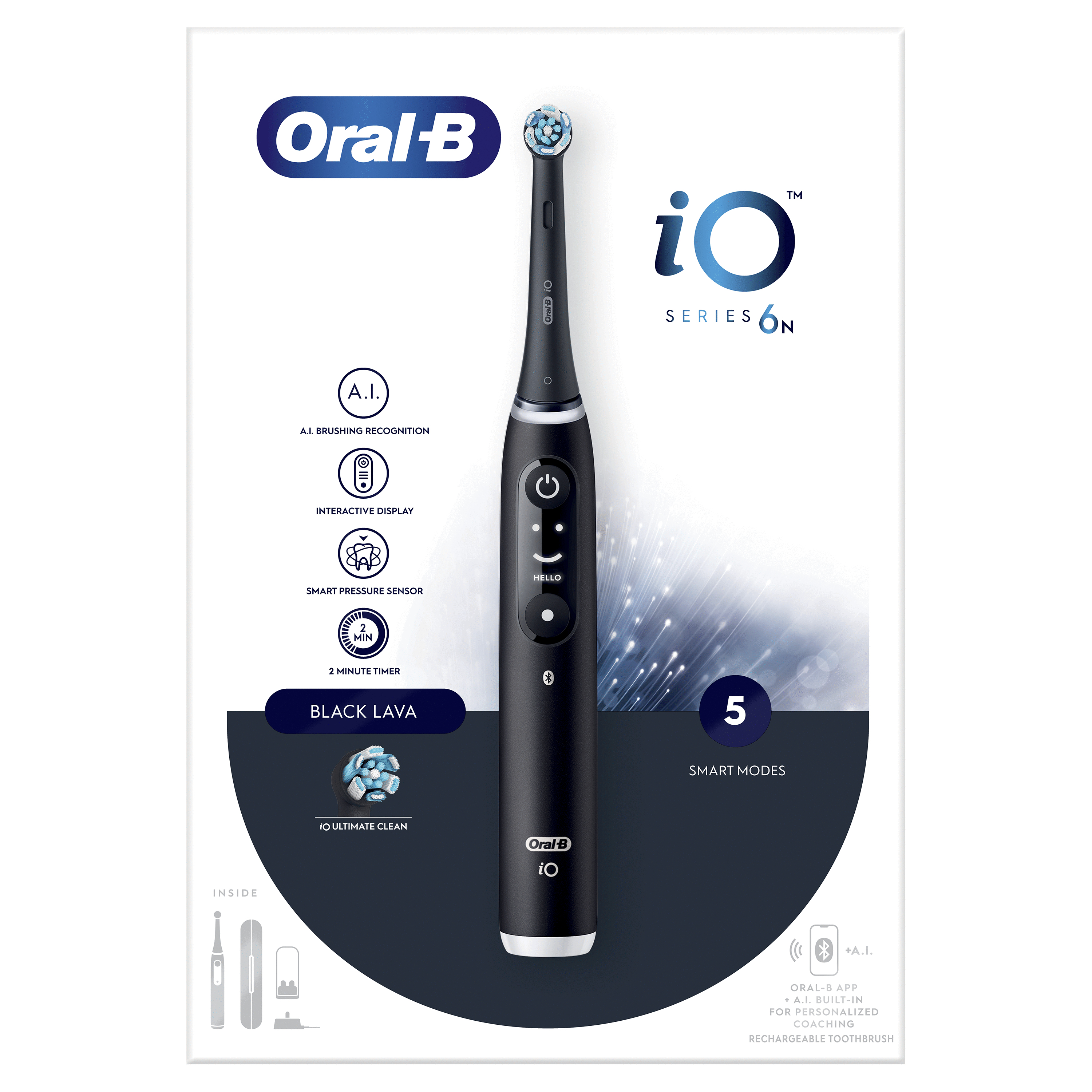 Cepillo de dientes eléctrico Oral-B iO Series 6N. Negro con modos inteligentes y pantalla interactiva.