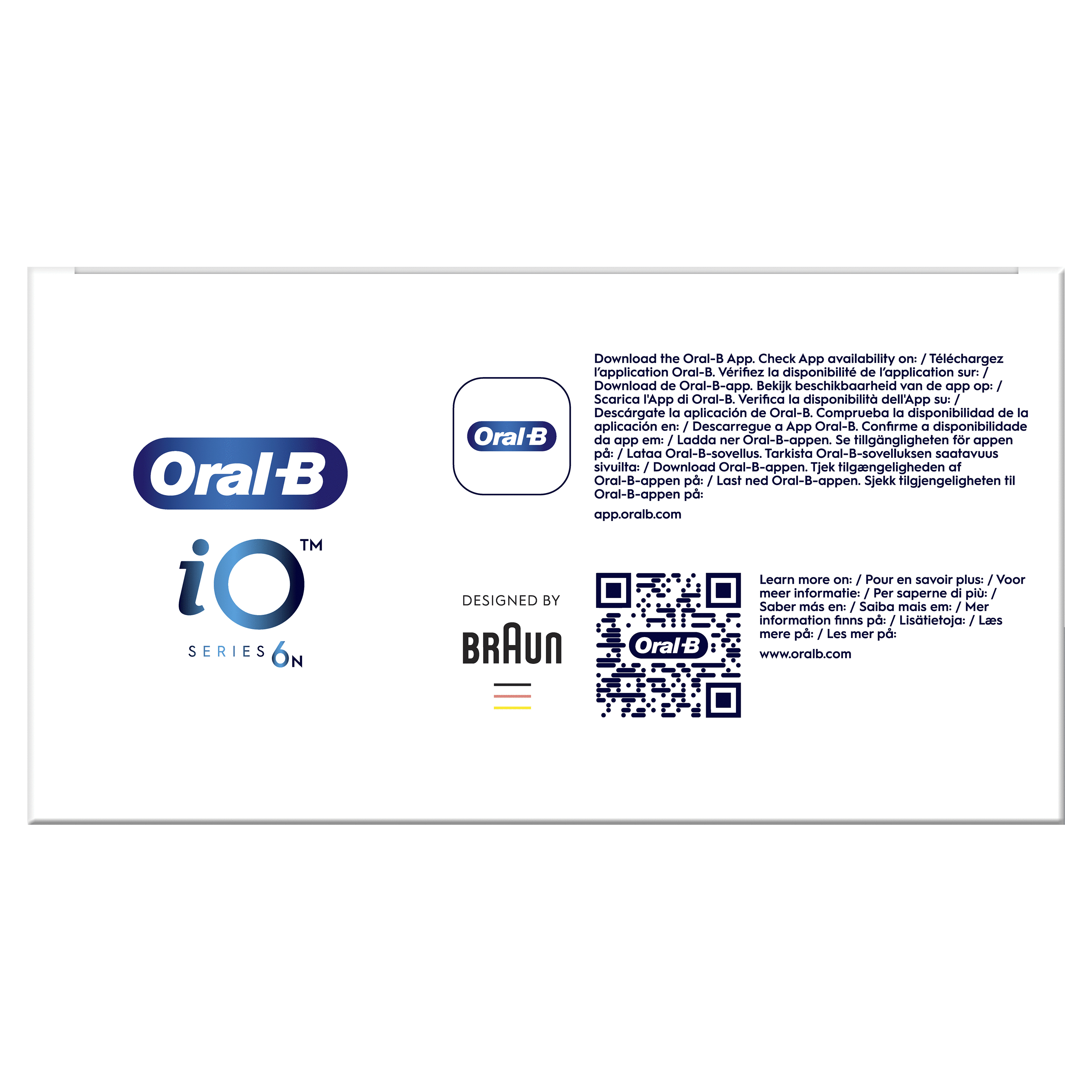 Información de la app Oral-B. Incluye logo, código QR y logo Braun.