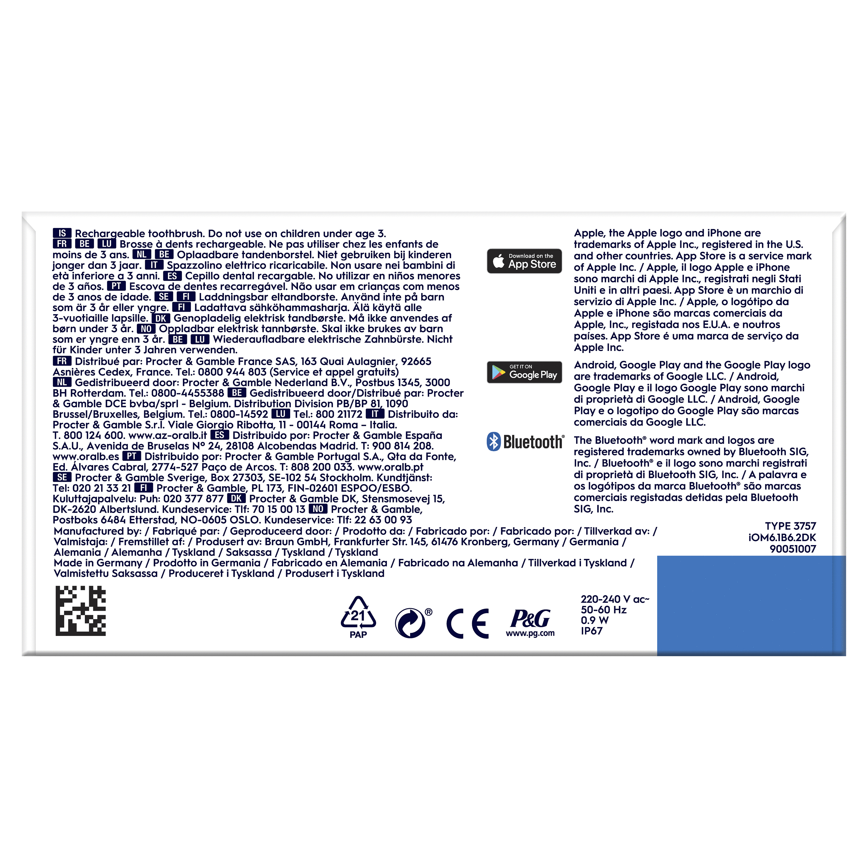 Información en una caja blanca sobre el cepillo de dientes recargable. Texto en varios idiomas, logotipos y advertencias.