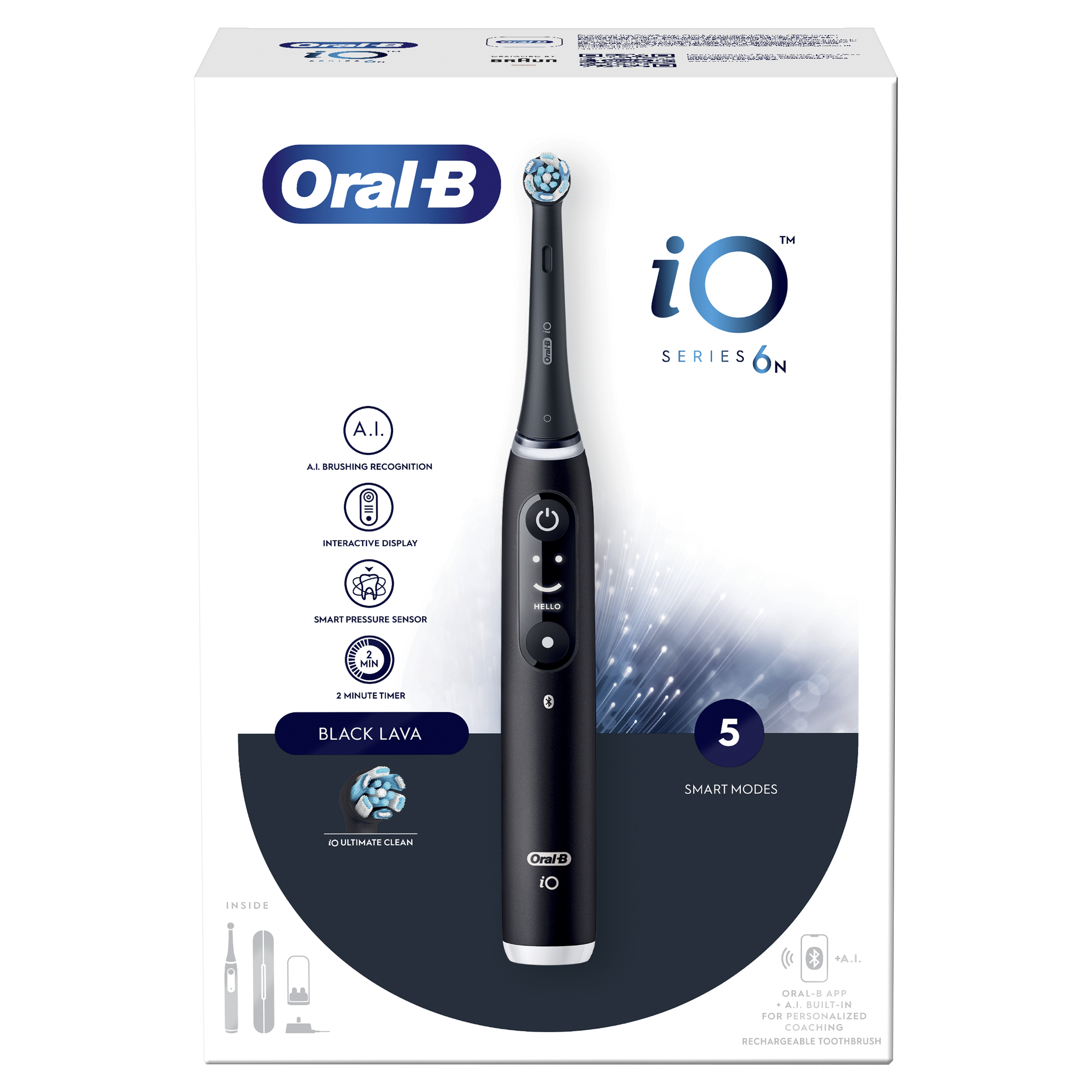 Un cepillo de dientes eléctrico negro Oral-B iO Series 6N con su caja de embalaje.