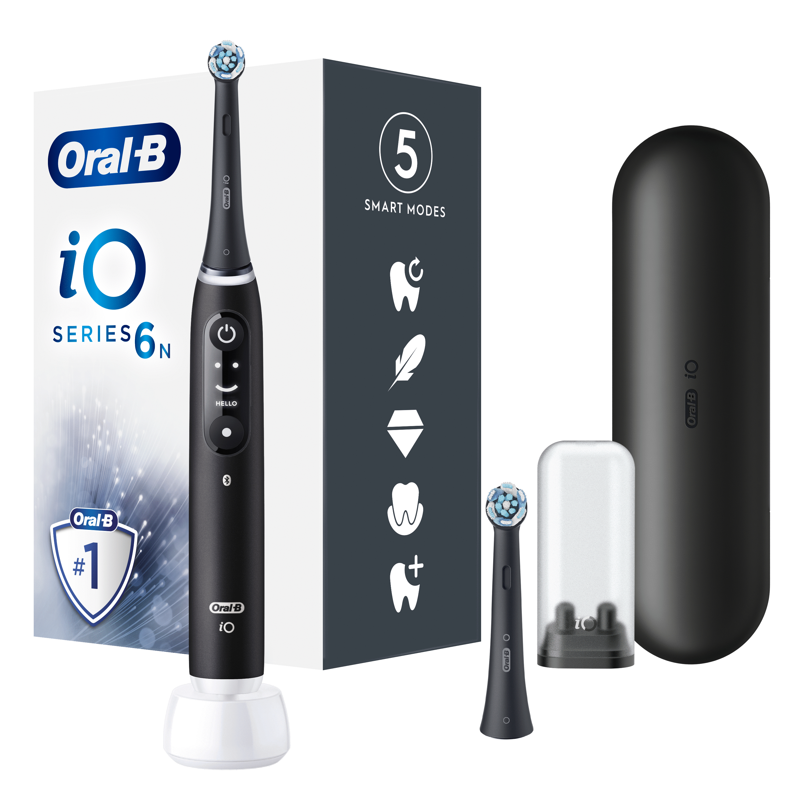 Cepillo de dientes negro Oral-B iO Series 6N con base de carga y accesorios. Caja blanca detrás.