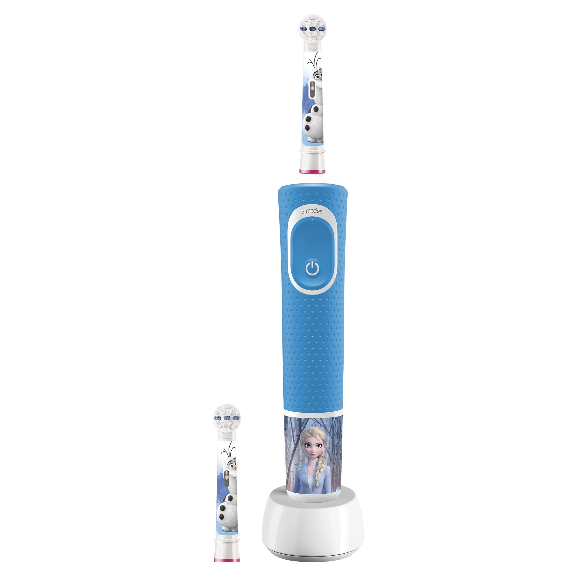 Spazzolino elettrico Oral-B blu con base di ricarica. Presenta un design Frozen. Sono visibili due testine.