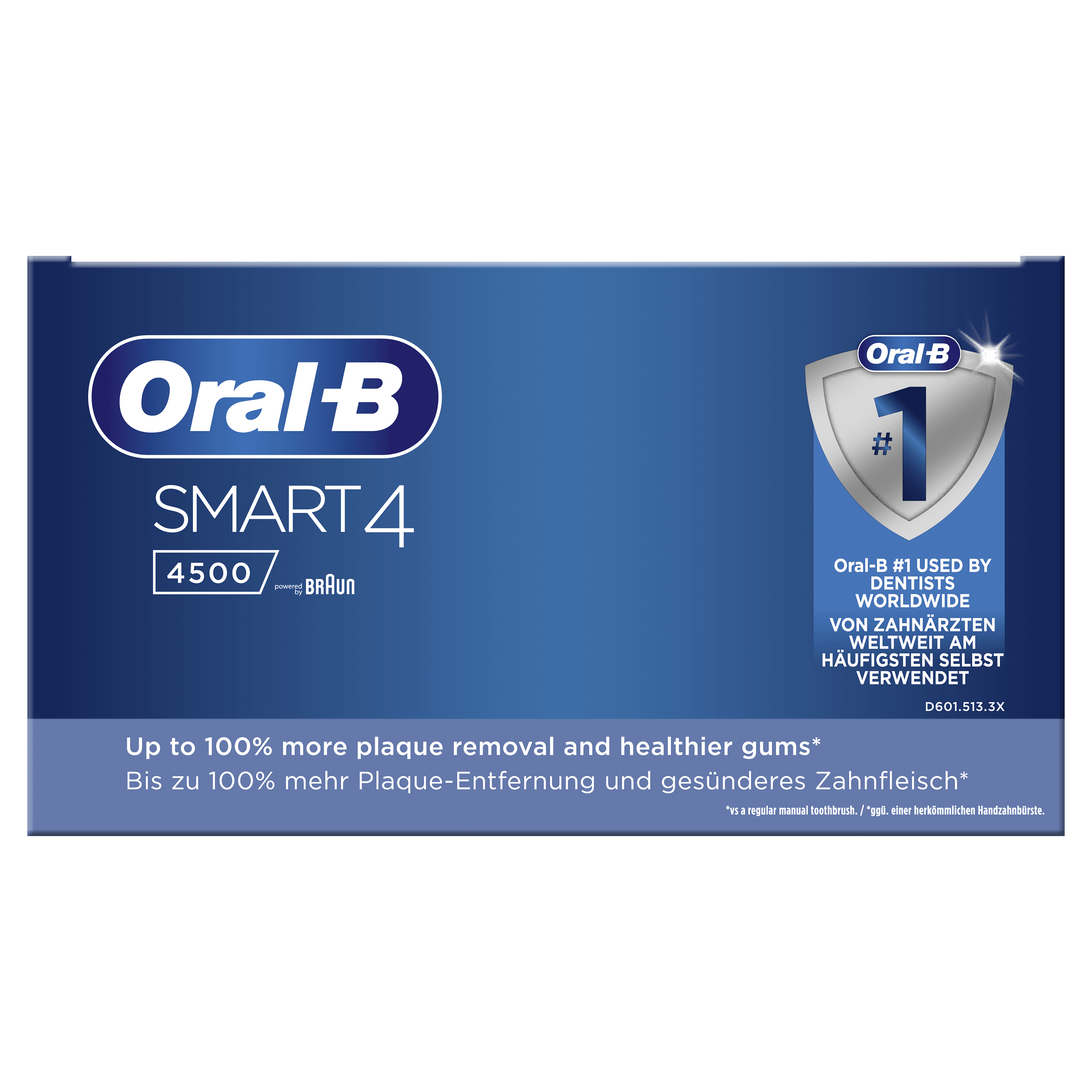 Pudełko szczoteczki Oral-B Smart 4, ze szczegółami produktu w języku angielskim i niemieckim.