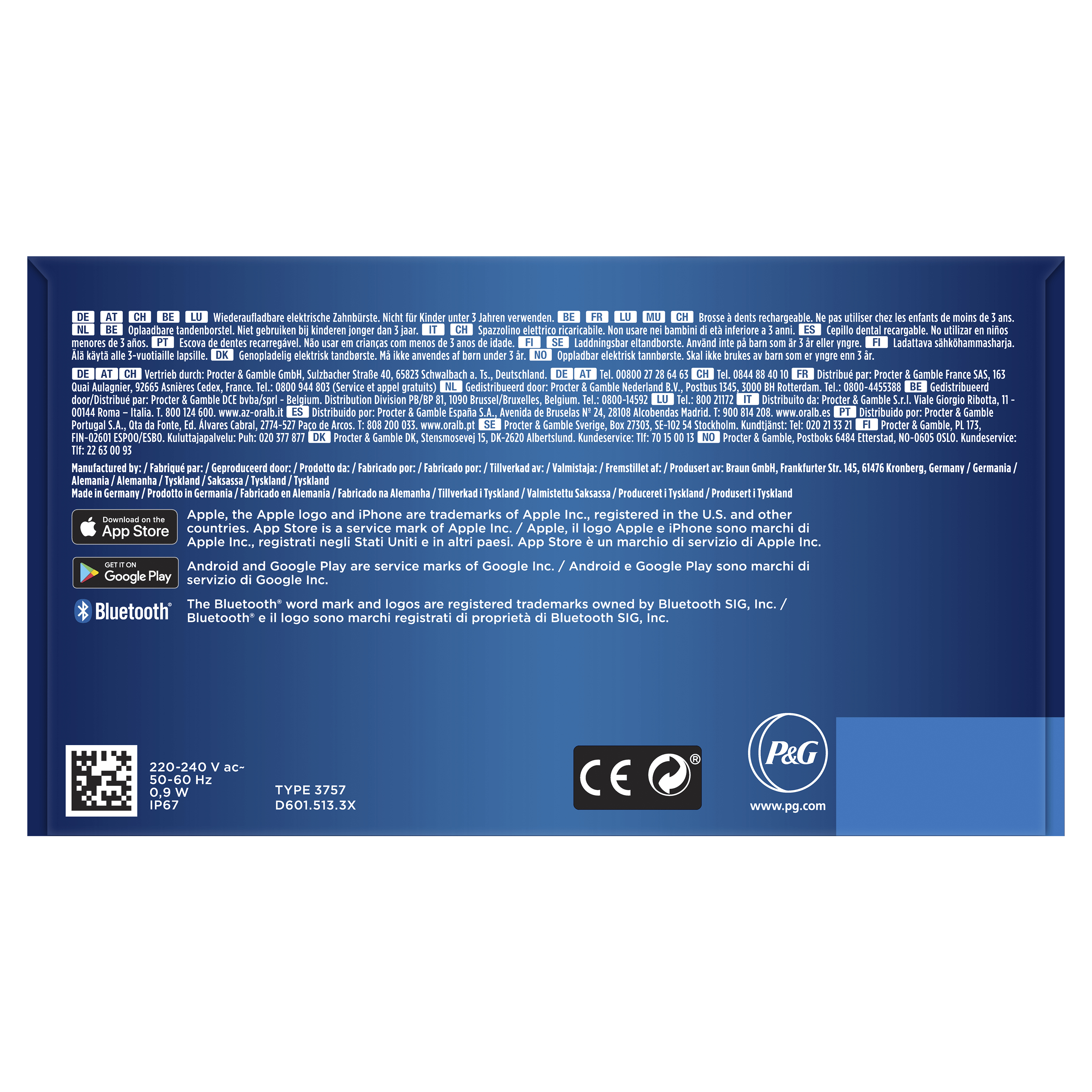 Pudełko z tekstem o szczoteczce elektrycznej i tekstem wielojęzycznym.