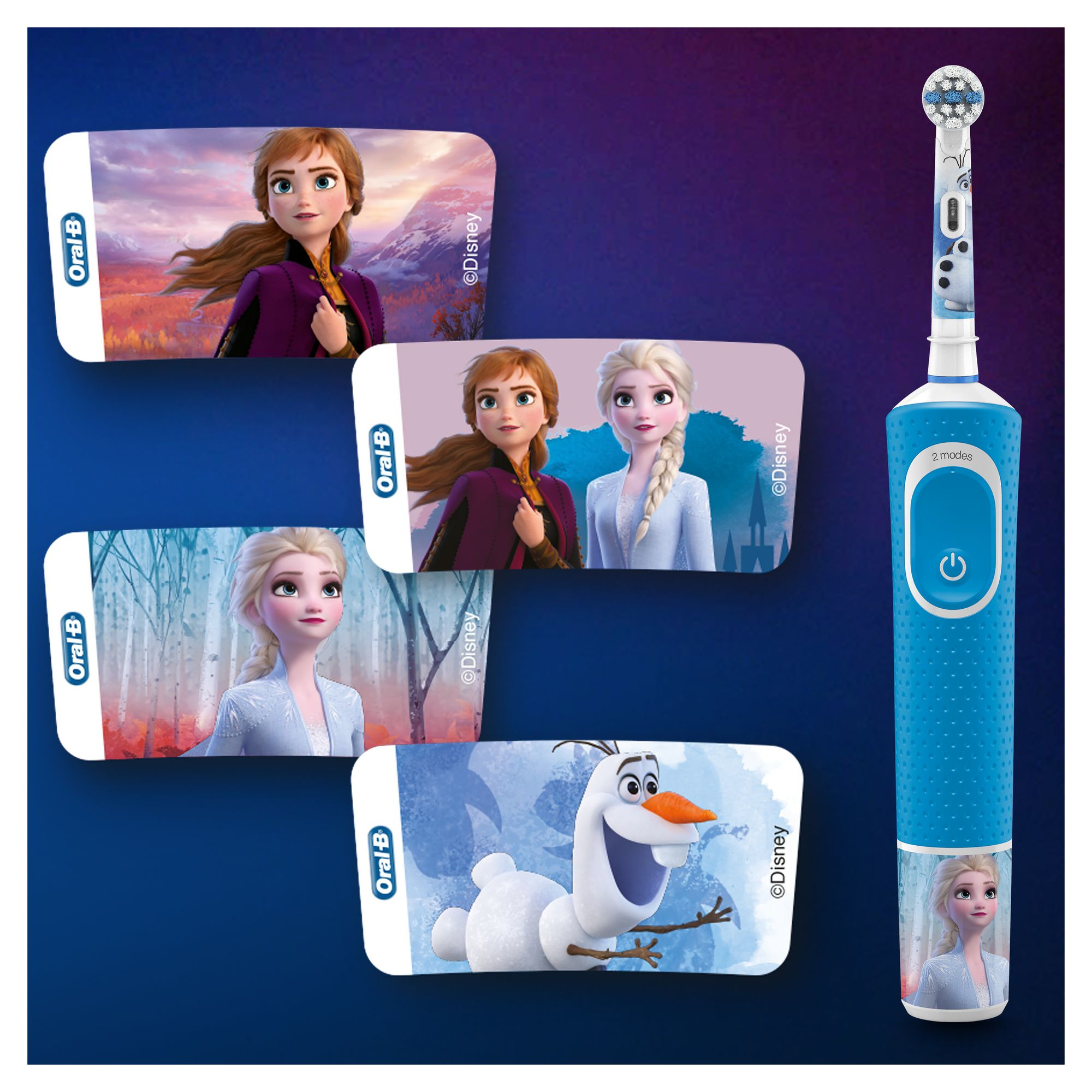 Confezione spazzolino Oral-B Frozen. Include adesivi dei personaggi e uno spazzolino blu.