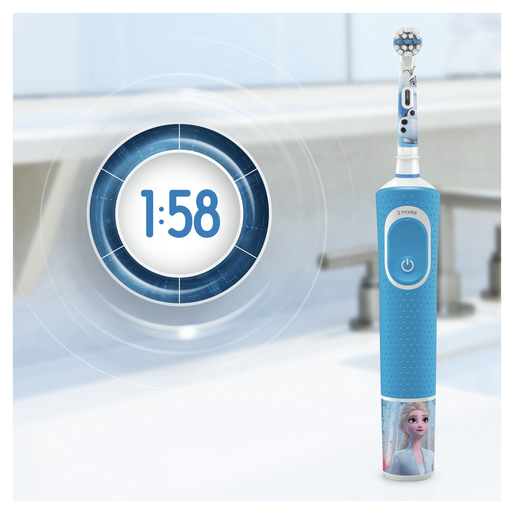 Spazzolino a tema Frozen blu e bianco con display timer che mostra 1:58.