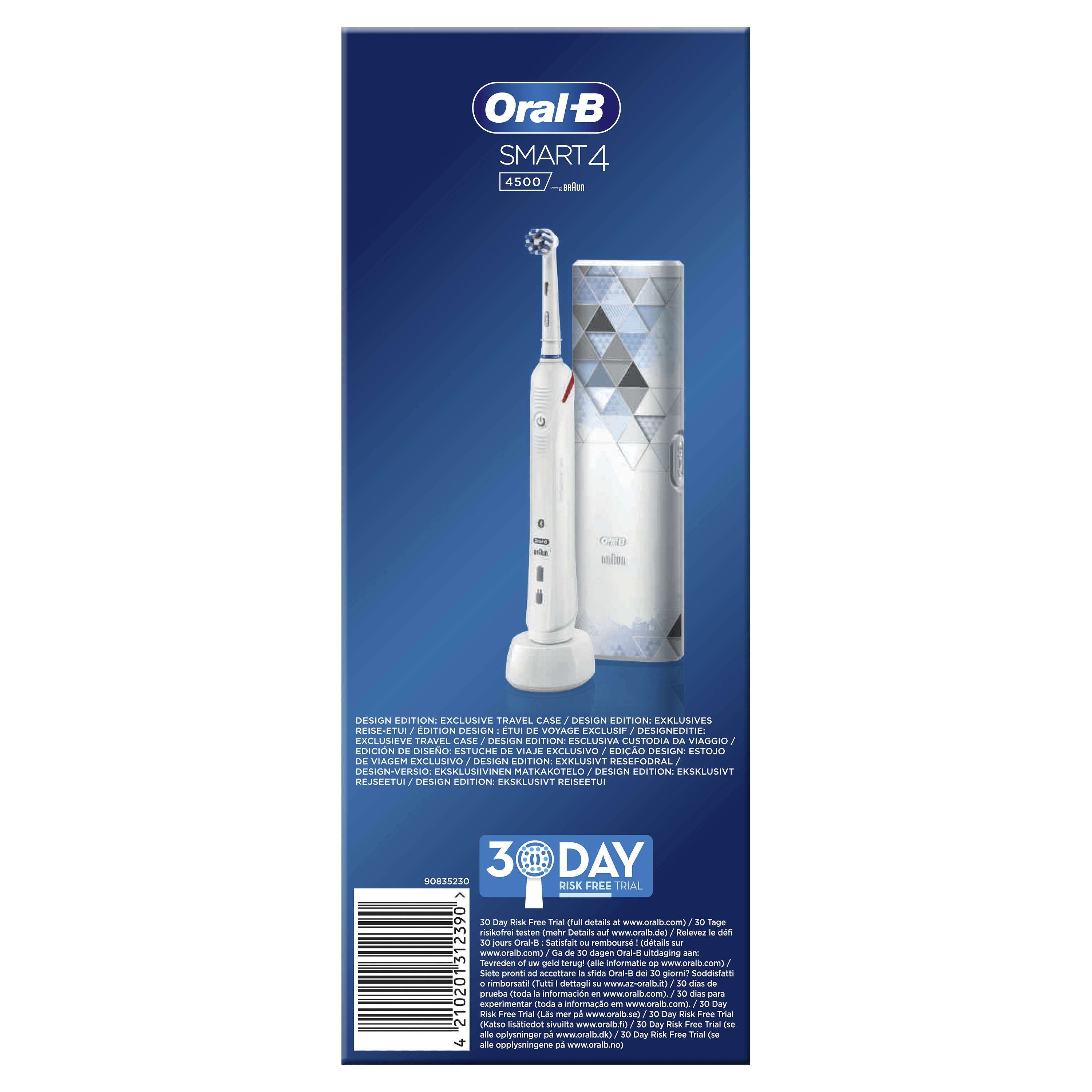 Tył opakowania szczoteczki do zębów Oral-B Smart 4. Zawiera szczoteczkę, ładowarkę i etui.