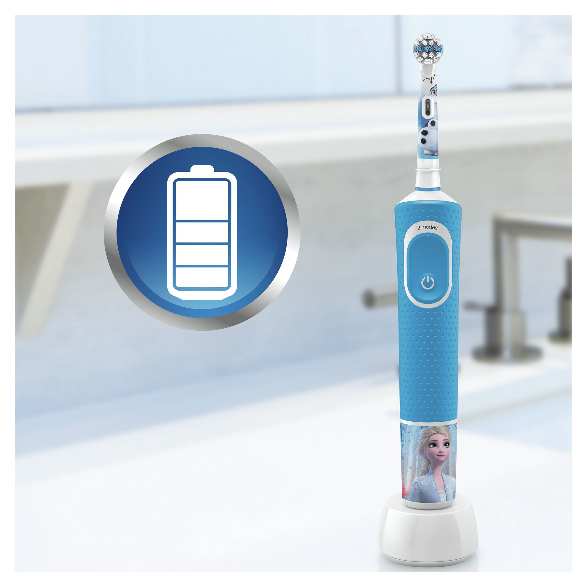 Spazzolino elettrico blu con tema cartone animato Frozen. Icona della batteria e stazione di ricarica accanto allo spazzolino.