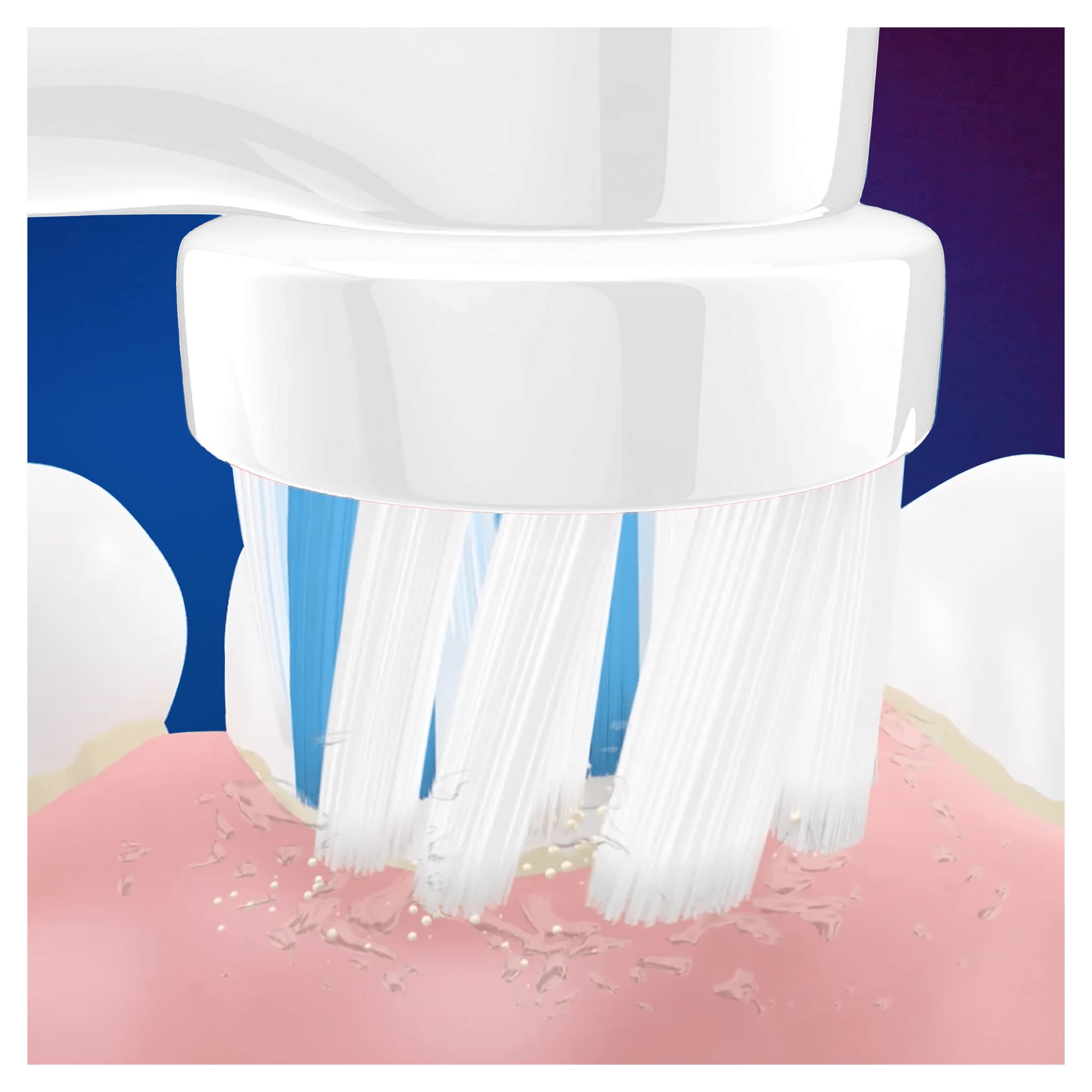 Primo piano di uno spazzolino elettrico che pulisce i denti, mostrando le setole e il contatto con i denti.