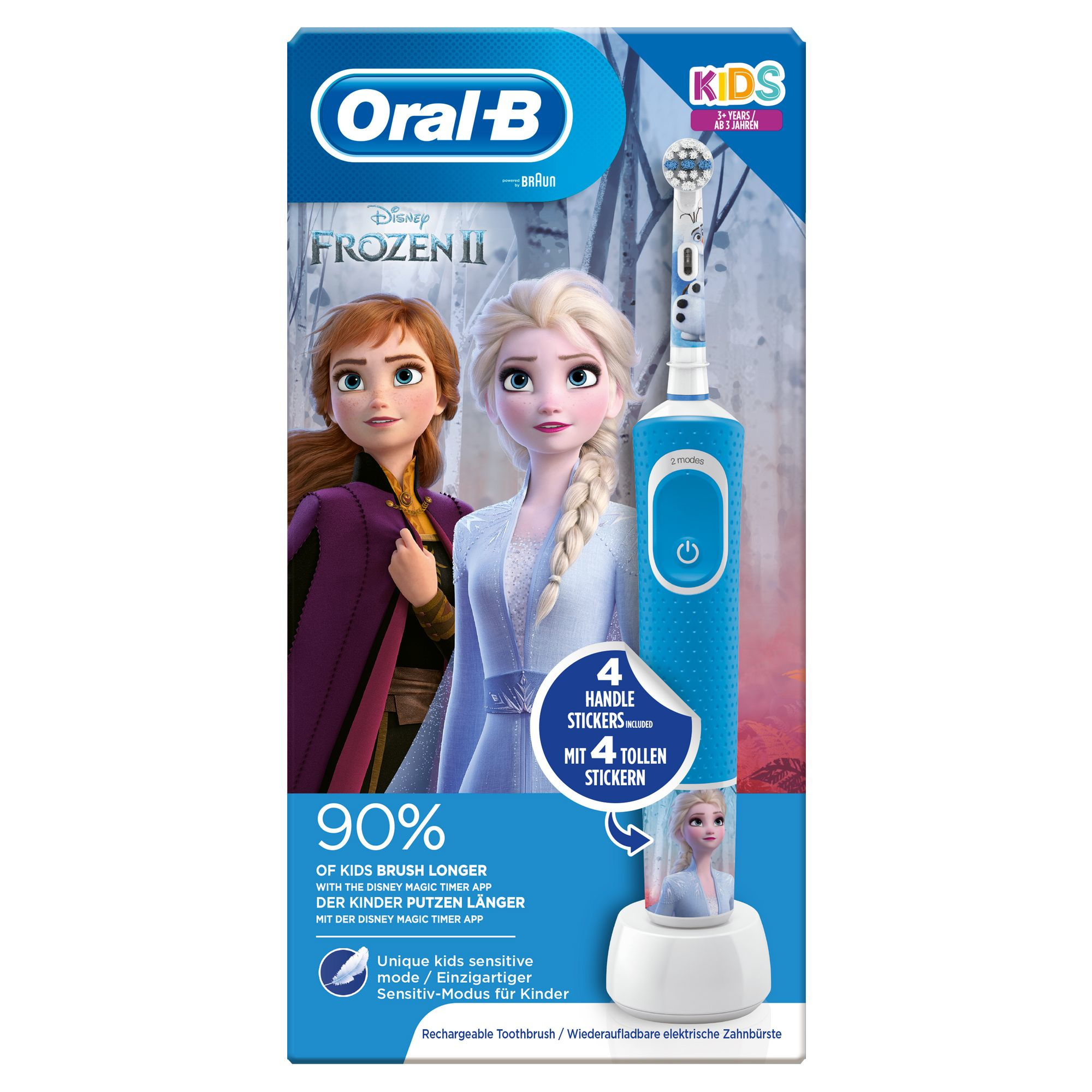 Spazzolino Oral-B Disney Frozen II e accessori, con due immagini di Elsa.