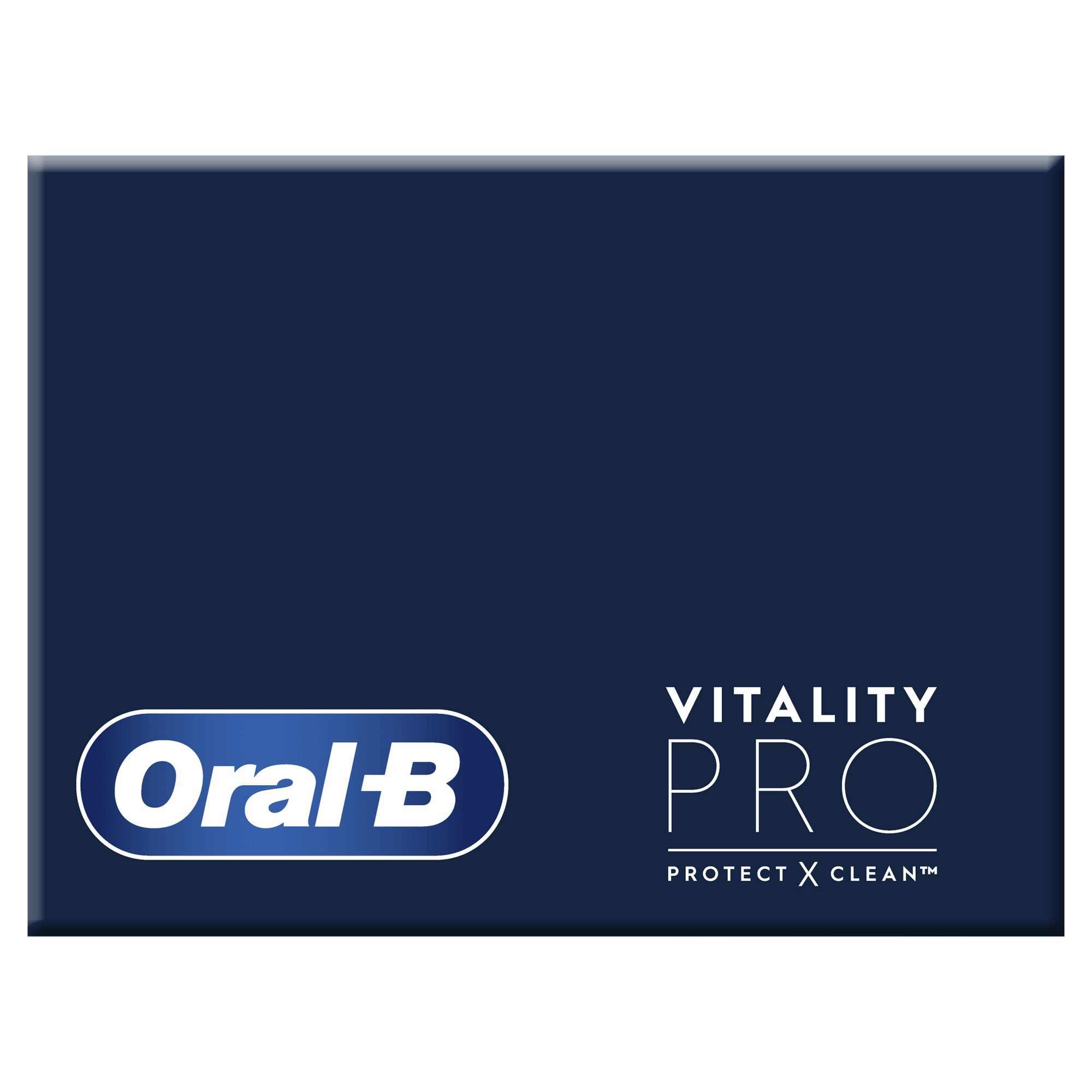Ciemnoniebieskie pudełko z logo Oral-B i tekstem 'VITALITY PRO'. To projekt opakowania produktu.