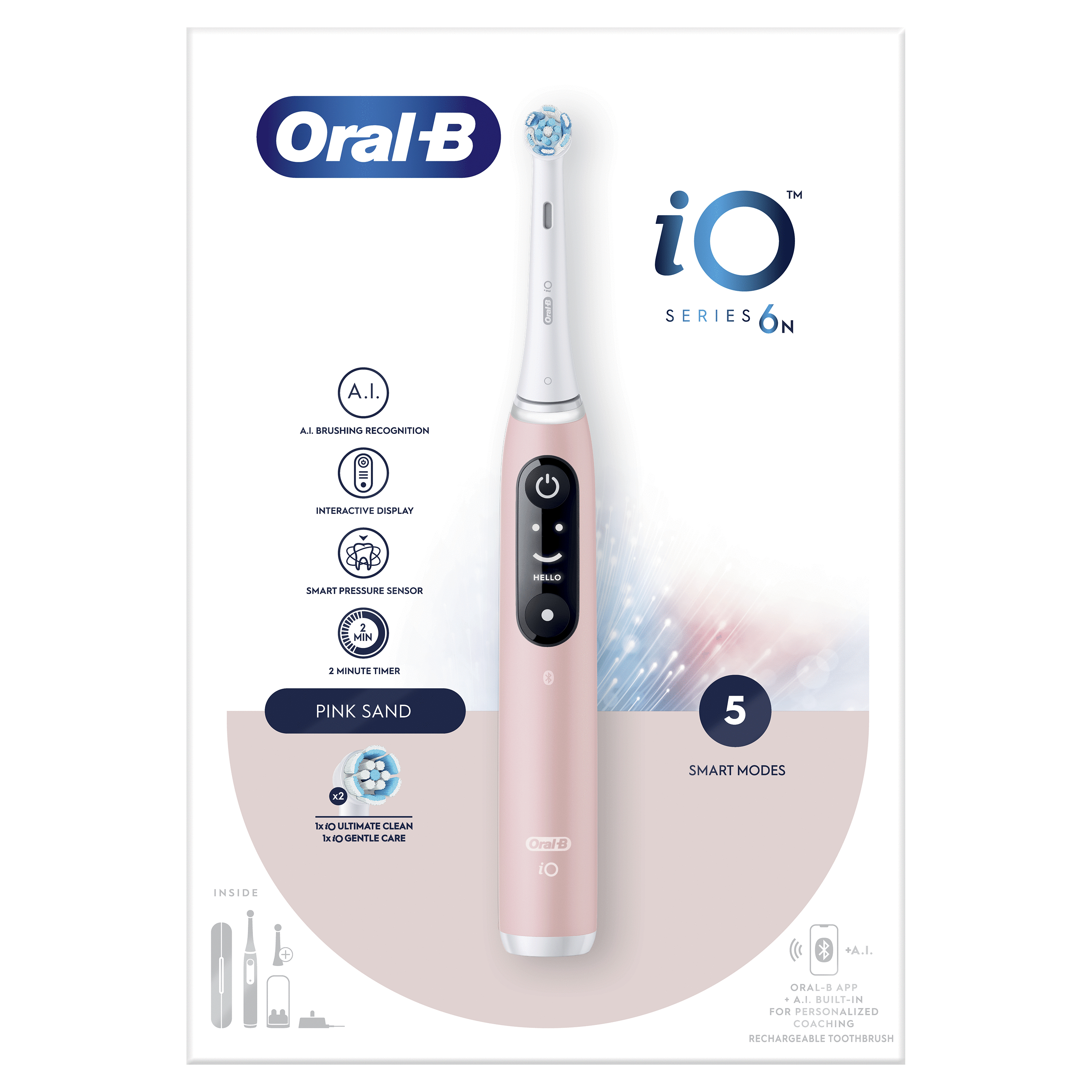 Rosa Oral-B iO Series 6N elektrische Zahnbürste mit Funktionen und Modi auf weißem Hintergrund.