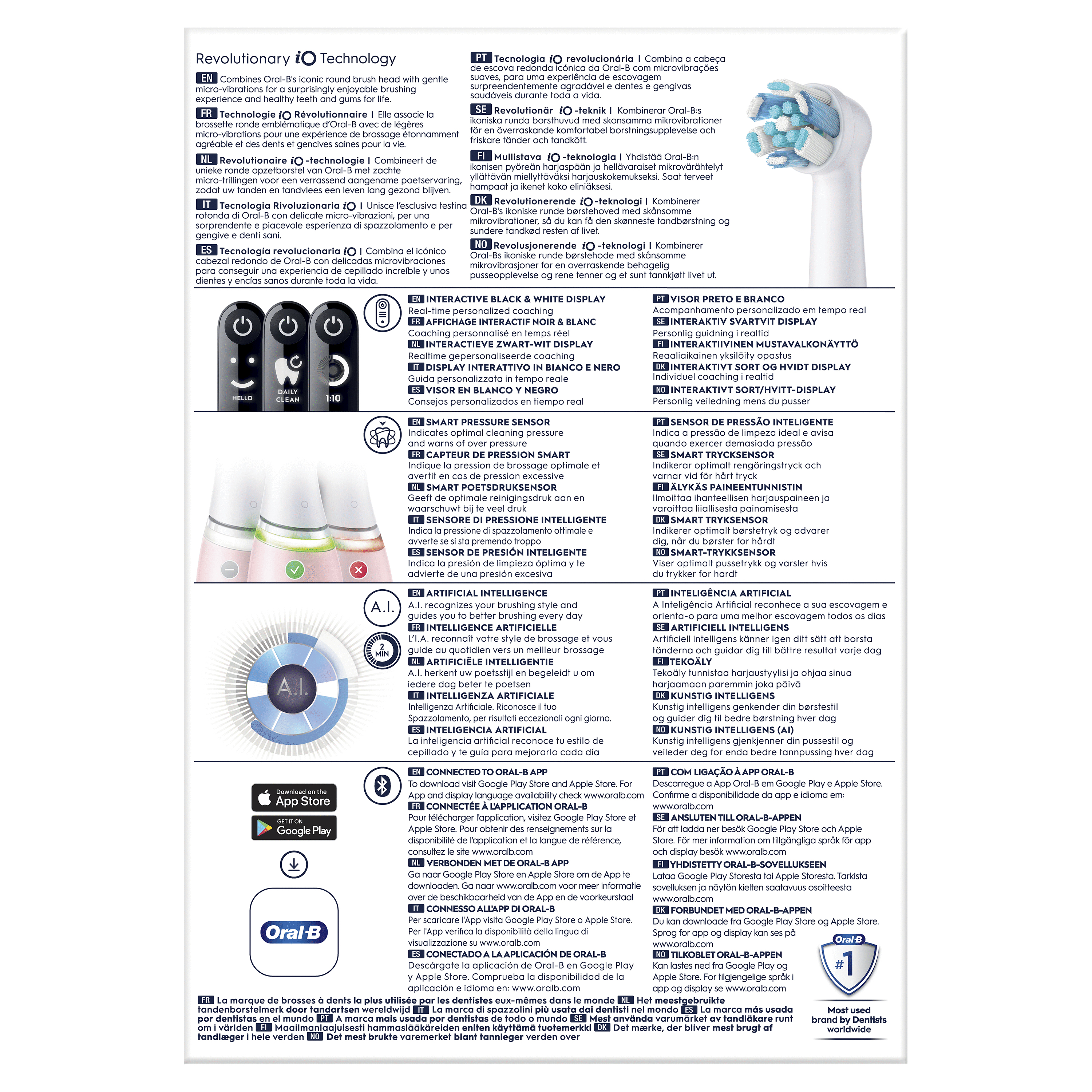 Elektrische Zahnbürste von Oral-B mit Ladegerät, Bürstenköpfen und Verpackung mit Produktinformationen.