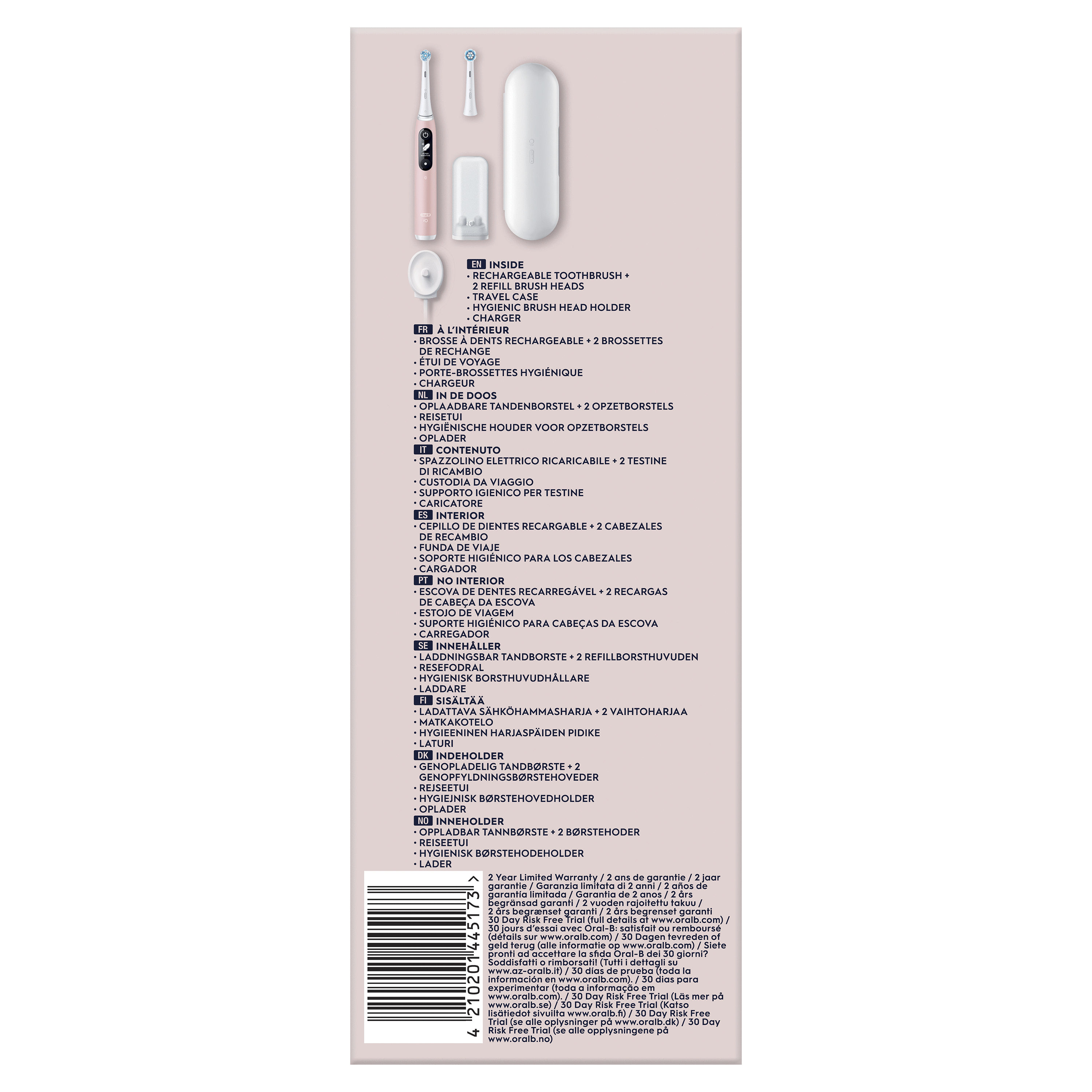 Eine rosa und weiße elektrische Zahnbürste, ein Etui und Zubehör auf weißem Hintergrund.