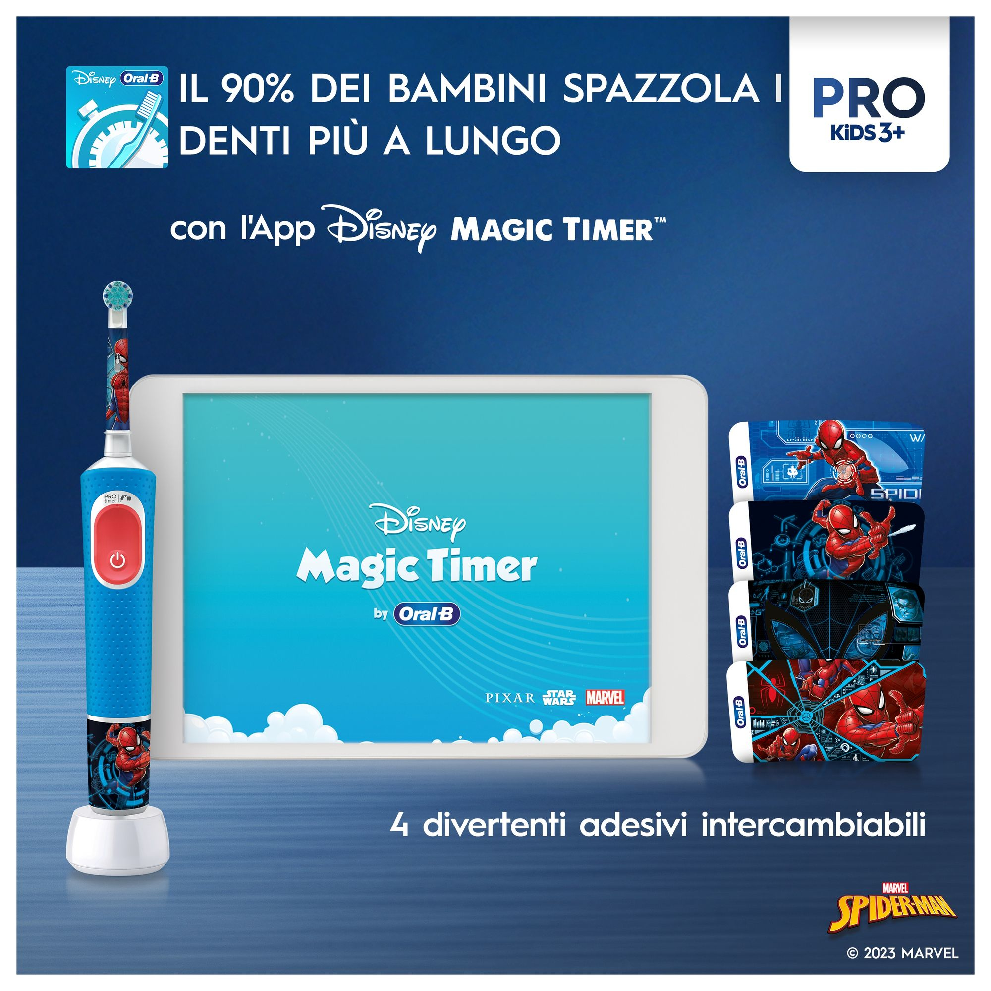 Cepillo dental Oral-B Pro Kids 3+, tableta con Disney Magic Timer y pegatinas de Spider-Man.