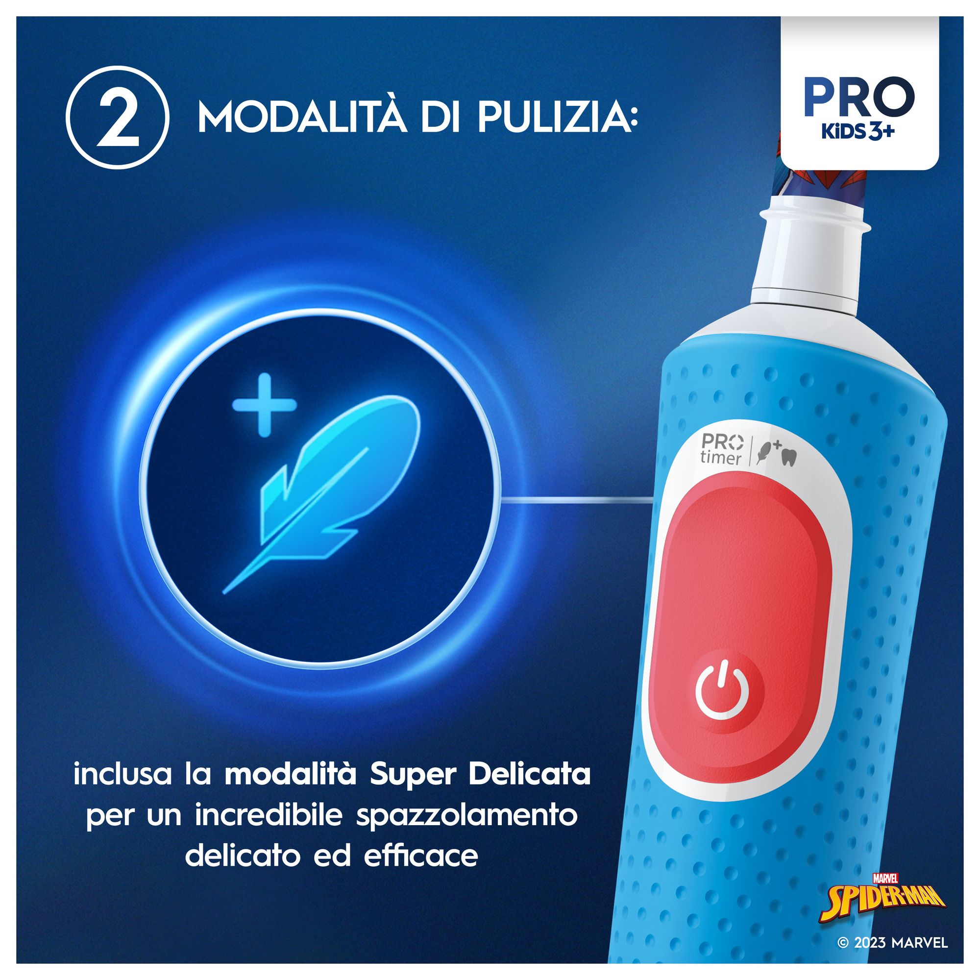 Cepillo de dientes eléctrico azul y rojo con tema de Spider-Man. El cepillo tiene un botón de encendido y un temporizador.