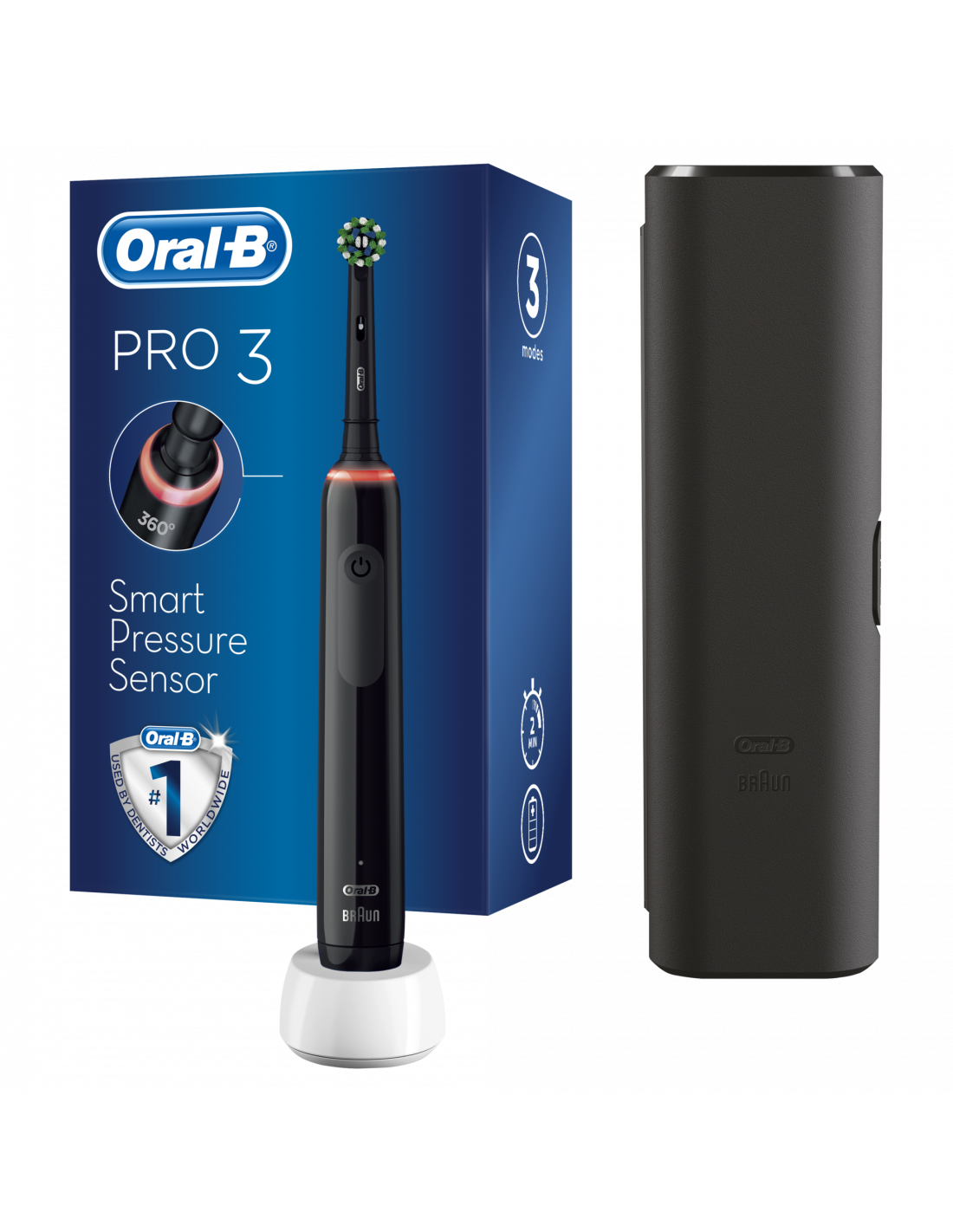 Schwarze elektrische Zahnbürste Oral-B Pro 3 mit Ladestation und Reiseetui. Text: Pro 3.