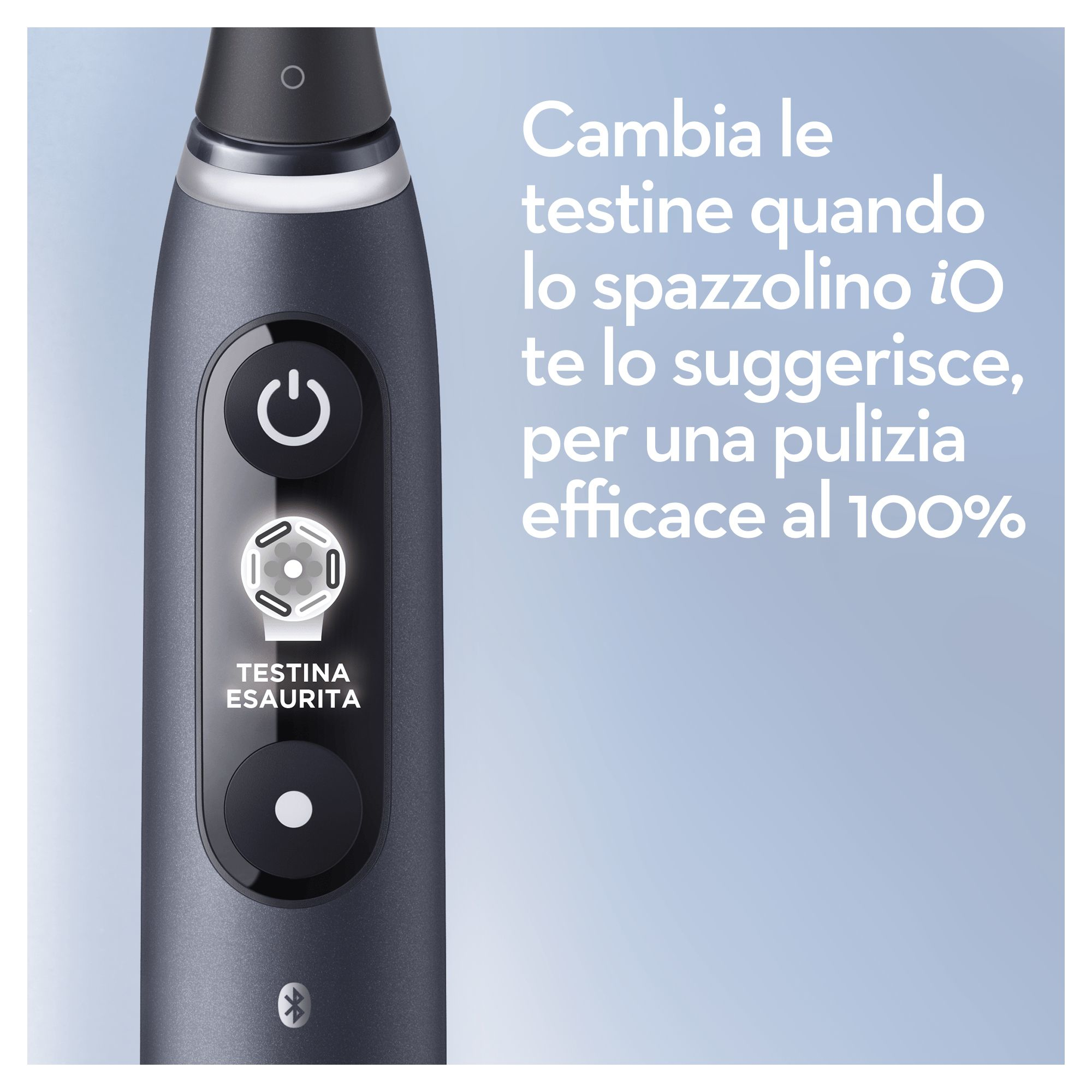 Spazzolino elettrico con pulsante e testo 'TESTINA ESAURITA'.