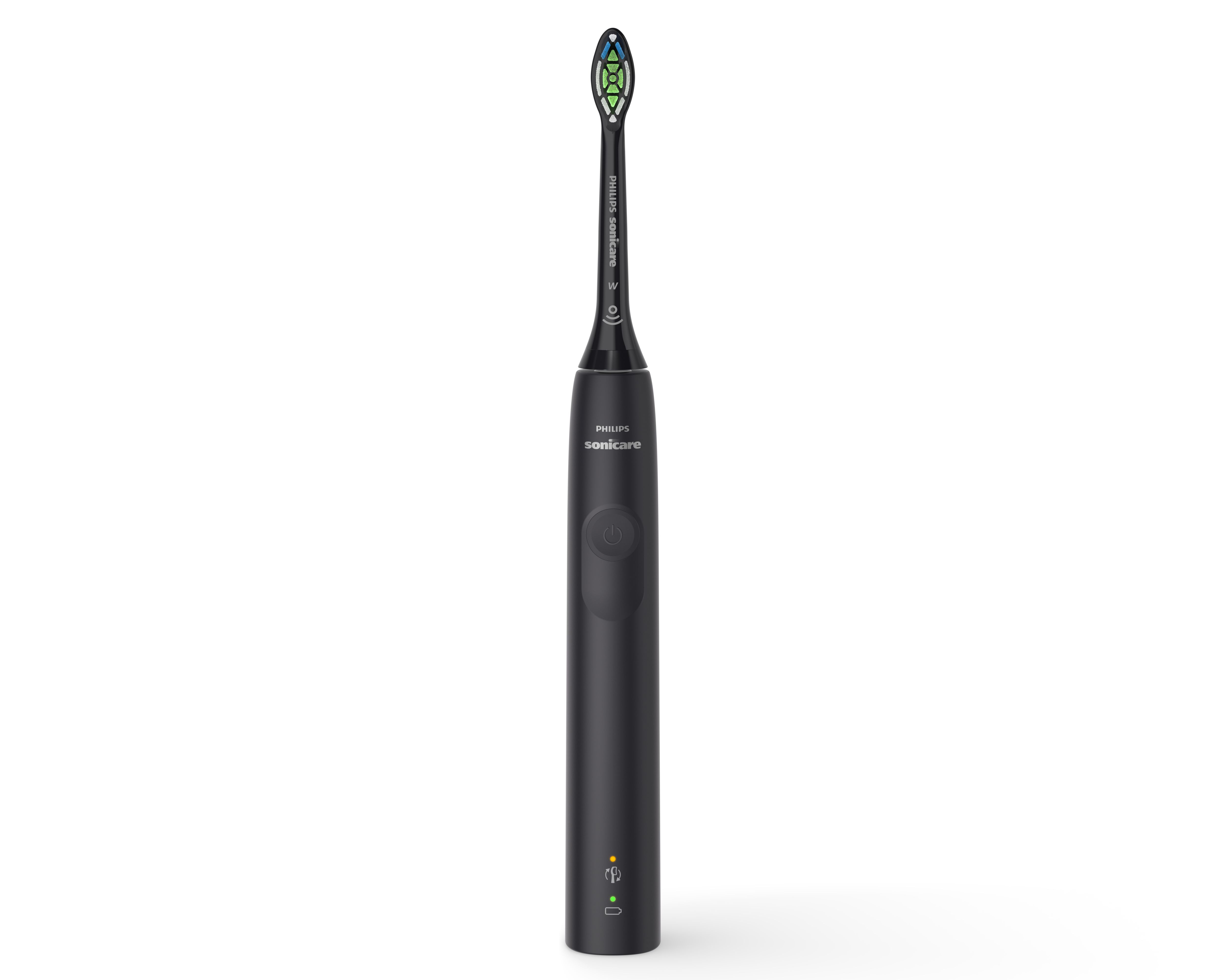 Czarna szczoteczka elektryczna z niebiesko-zieloną główką. Marka to Philips Sonicare.