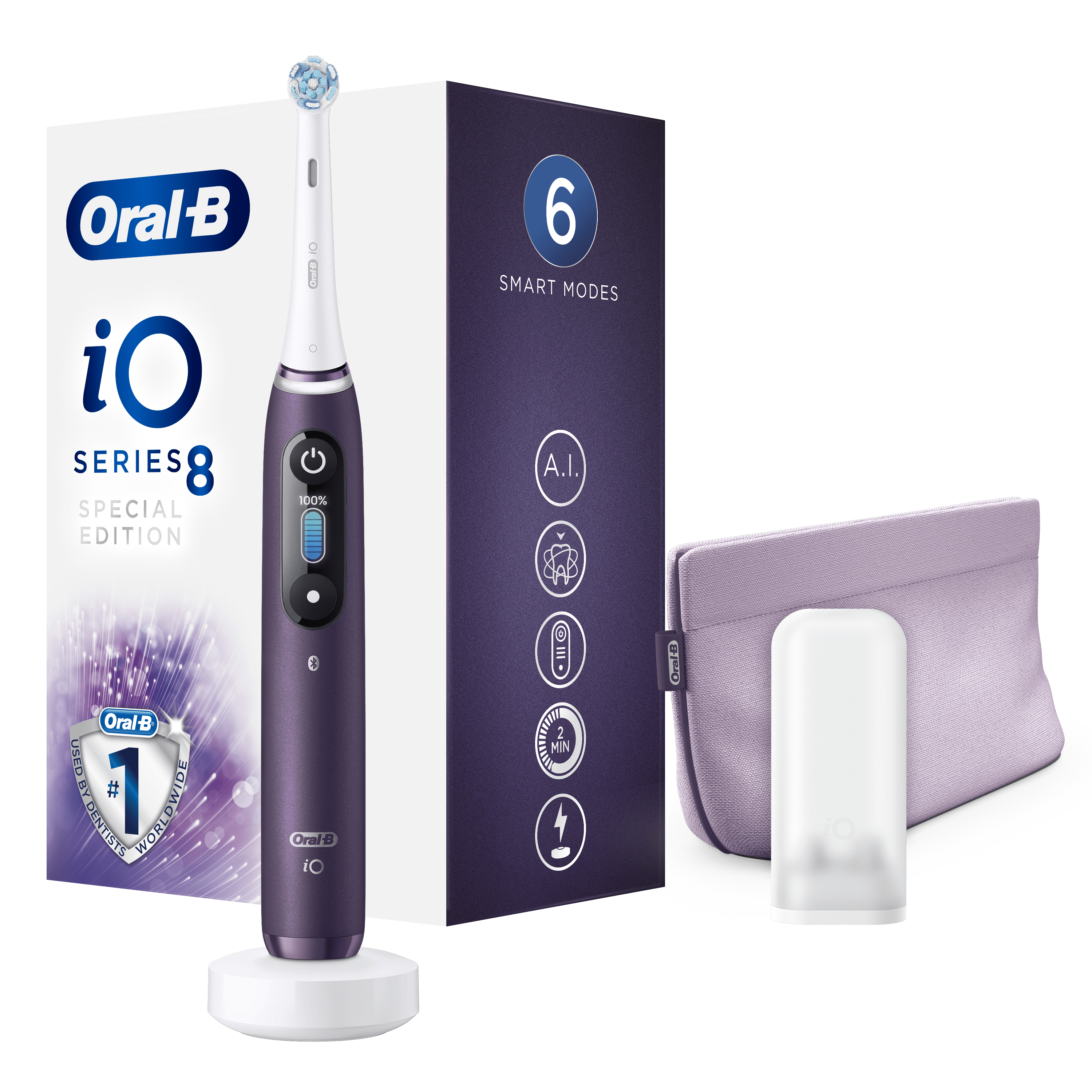 Szczoteczka elektryczna Oral-B iO Series 8, pudełko i etui. Szczoteczka jest fioletowa.
