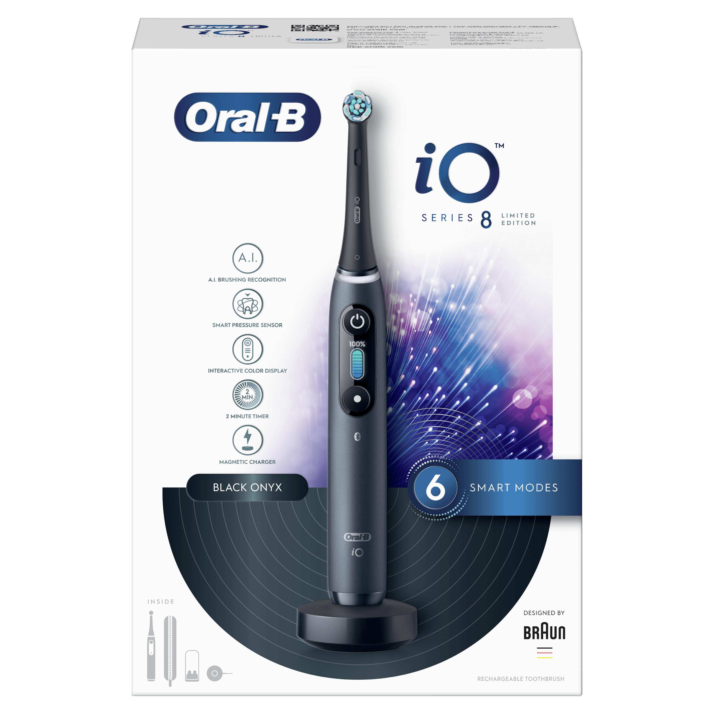 Cepillo de dientes eléctrico Oral-B iO Series 8 negro y gris en caja con soporte sobre fondo blanco.